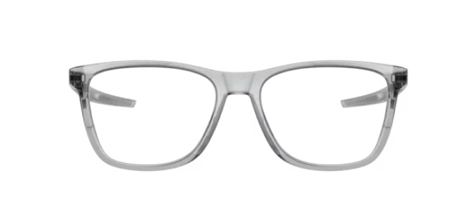 A pair of transparent eyeglasses with a gray frame on a white background.