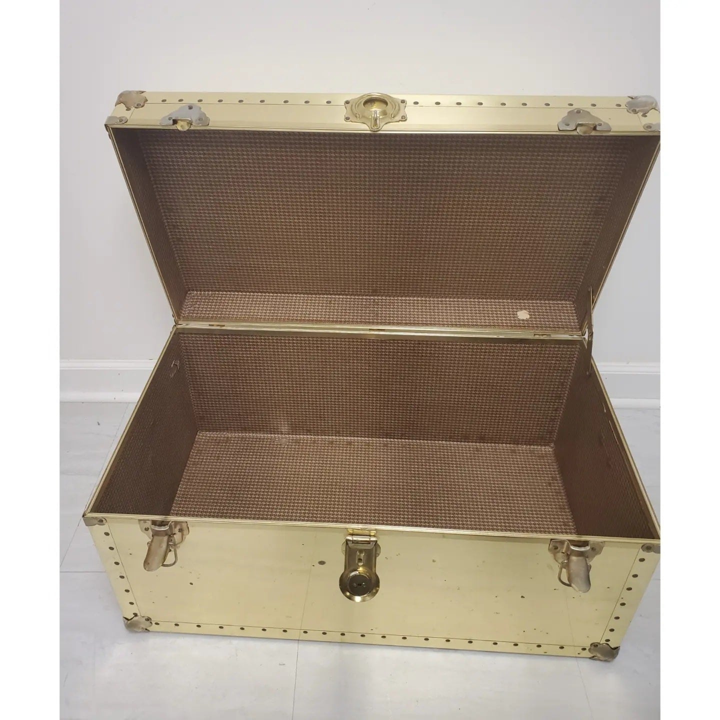 Vintage Hollywood Regency Brass Storage Trunk with Key