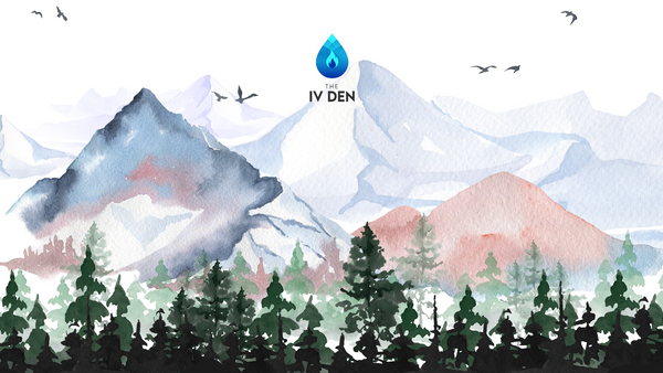 A watercolor painting of mountain ranges with The IV Den logo atop one of the mountain peaks.