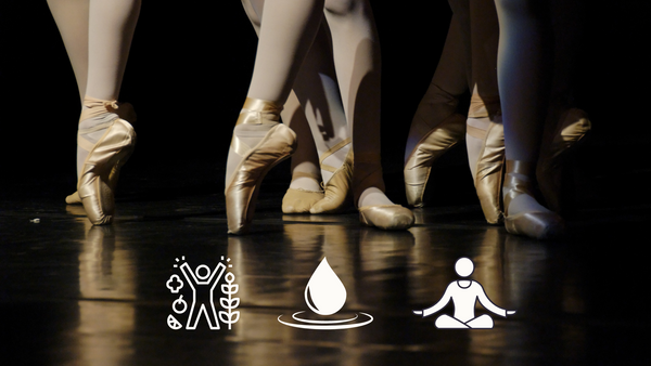 Image of Ballet dancers on a stage overlayed with graphics of wellness, hydration, and yoga