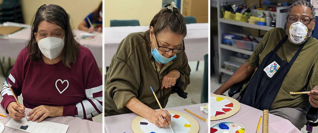 Participants artists Kim, Carole and John working on color wheel and gradation.