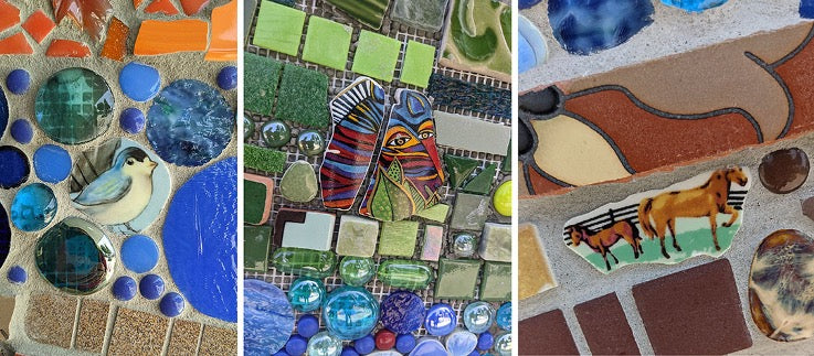 Fun hidden images within the mural, using elements from recycled ceramics.