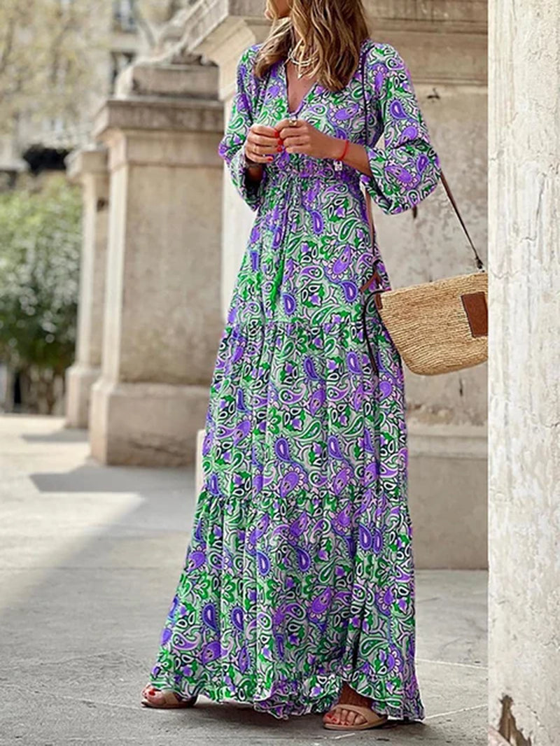 Stunning Women's Deep V-Neck Print Long Dress for Summer