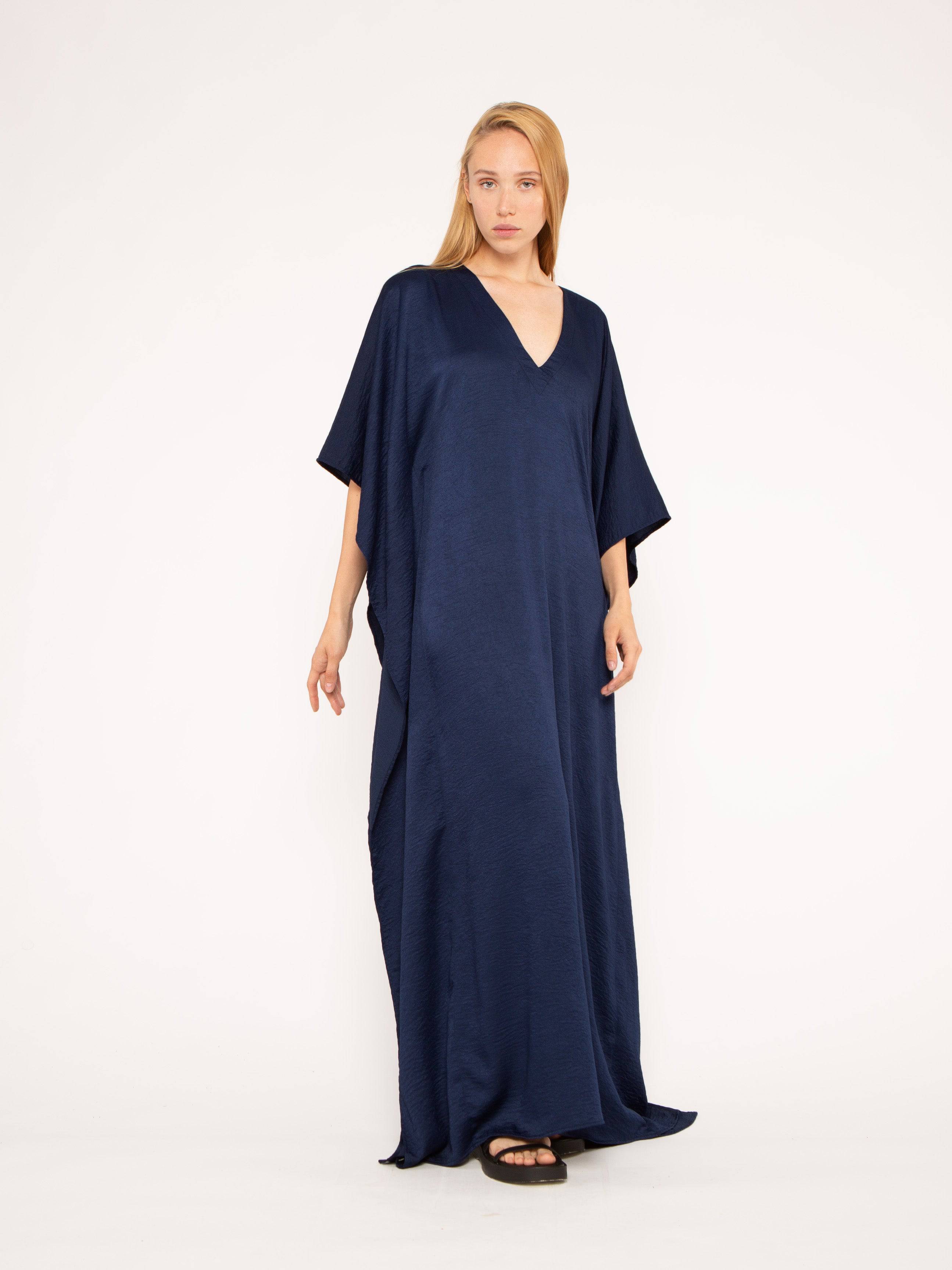 Image of Navy Satin Crepe Caftan