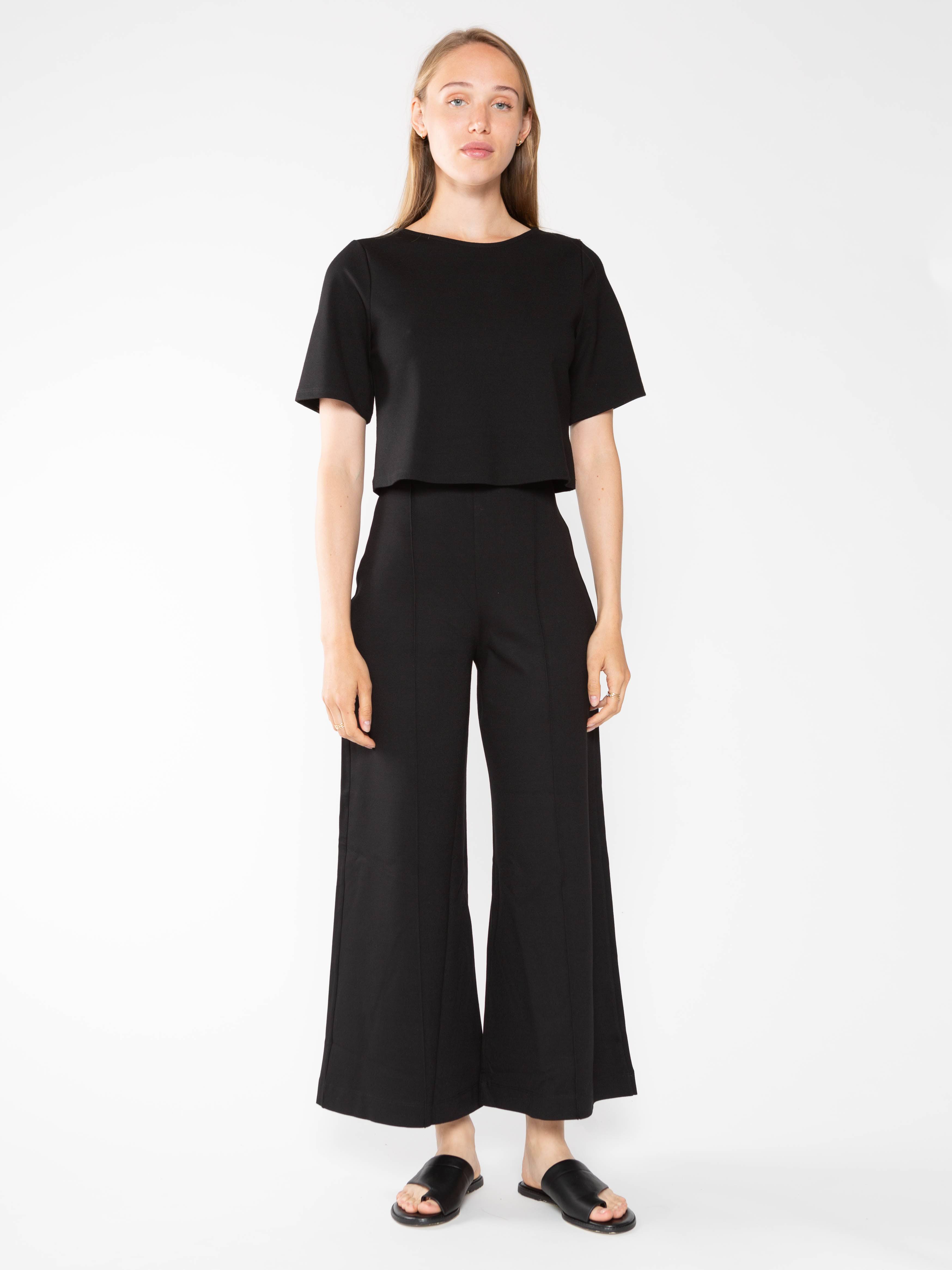 Image of Black Ponte Knit Wide Leg Pant: Cropped