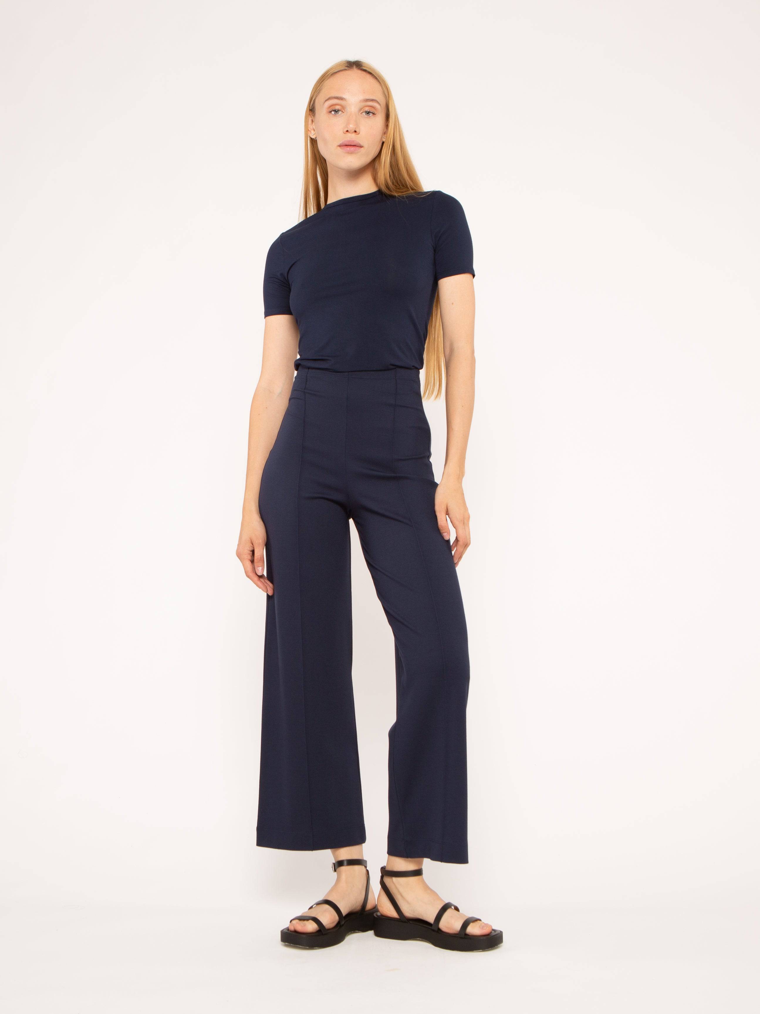 Image of Navy Ponte Knit Straight Leg Pant: Cropped