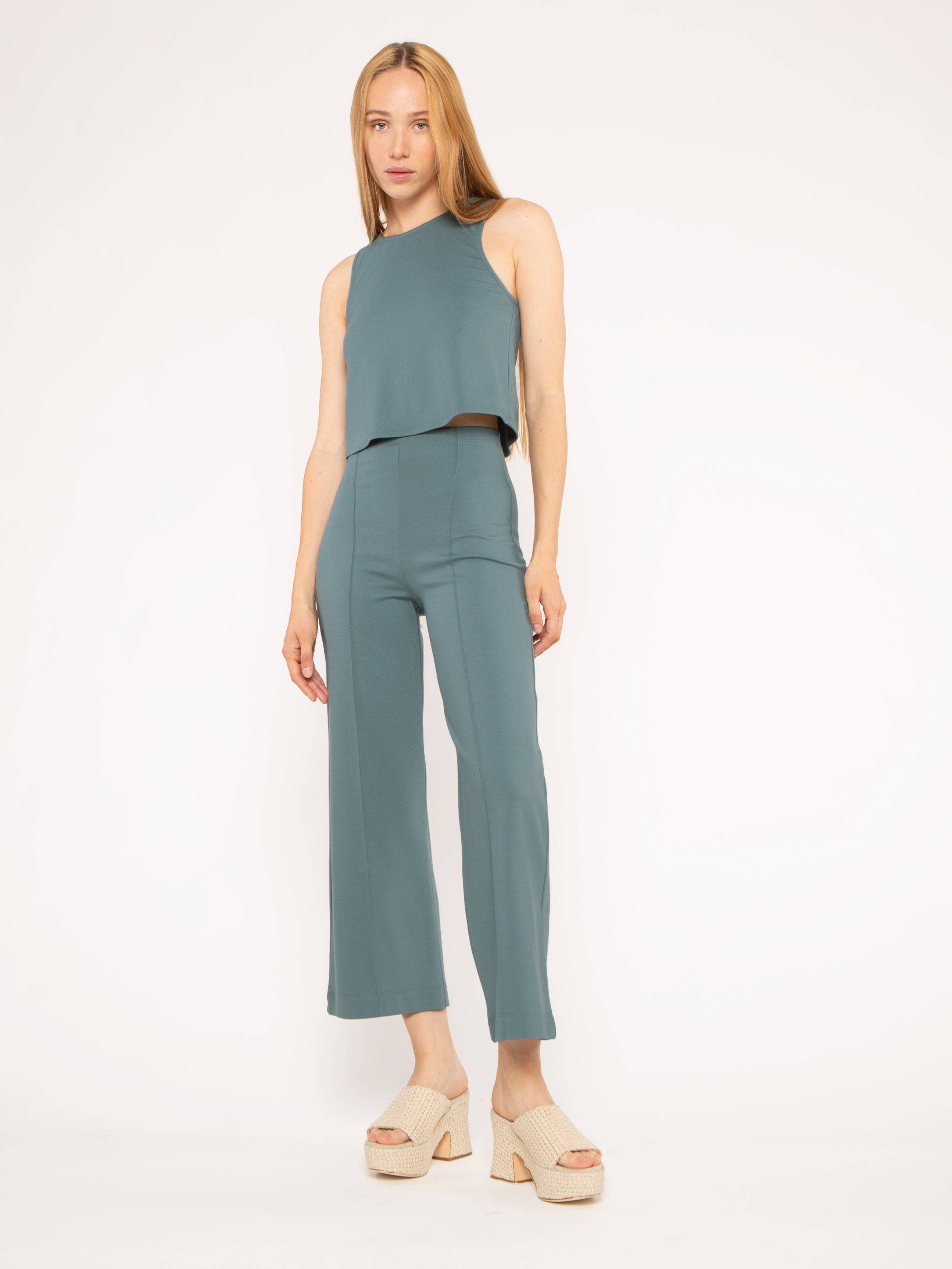 Image of Sea Blue Ponte Knit Straight Leg Pant: Cropped