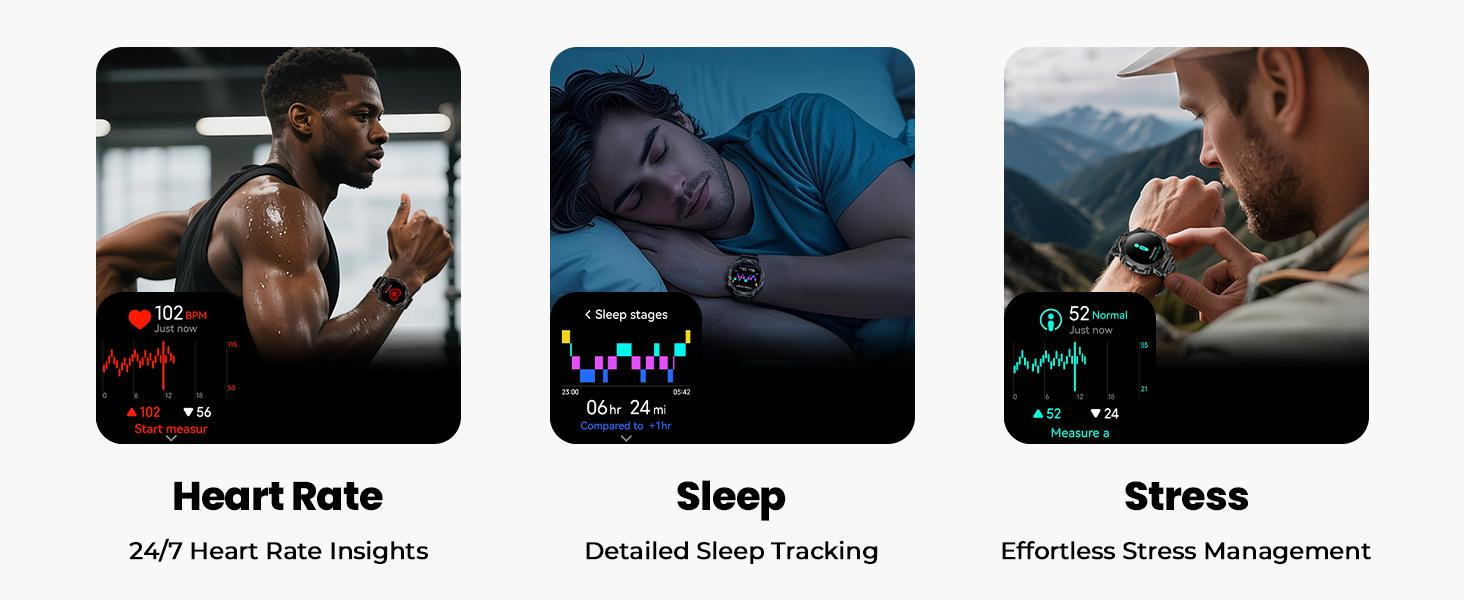 Key features of the Walkerfit M6 Ultra smartwatch, showing its ability to track heart rate during exercise, detailed sleep stages, and stress levels to optimize cardio results.