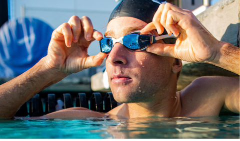 Man wearing FINIS Smart Goggles