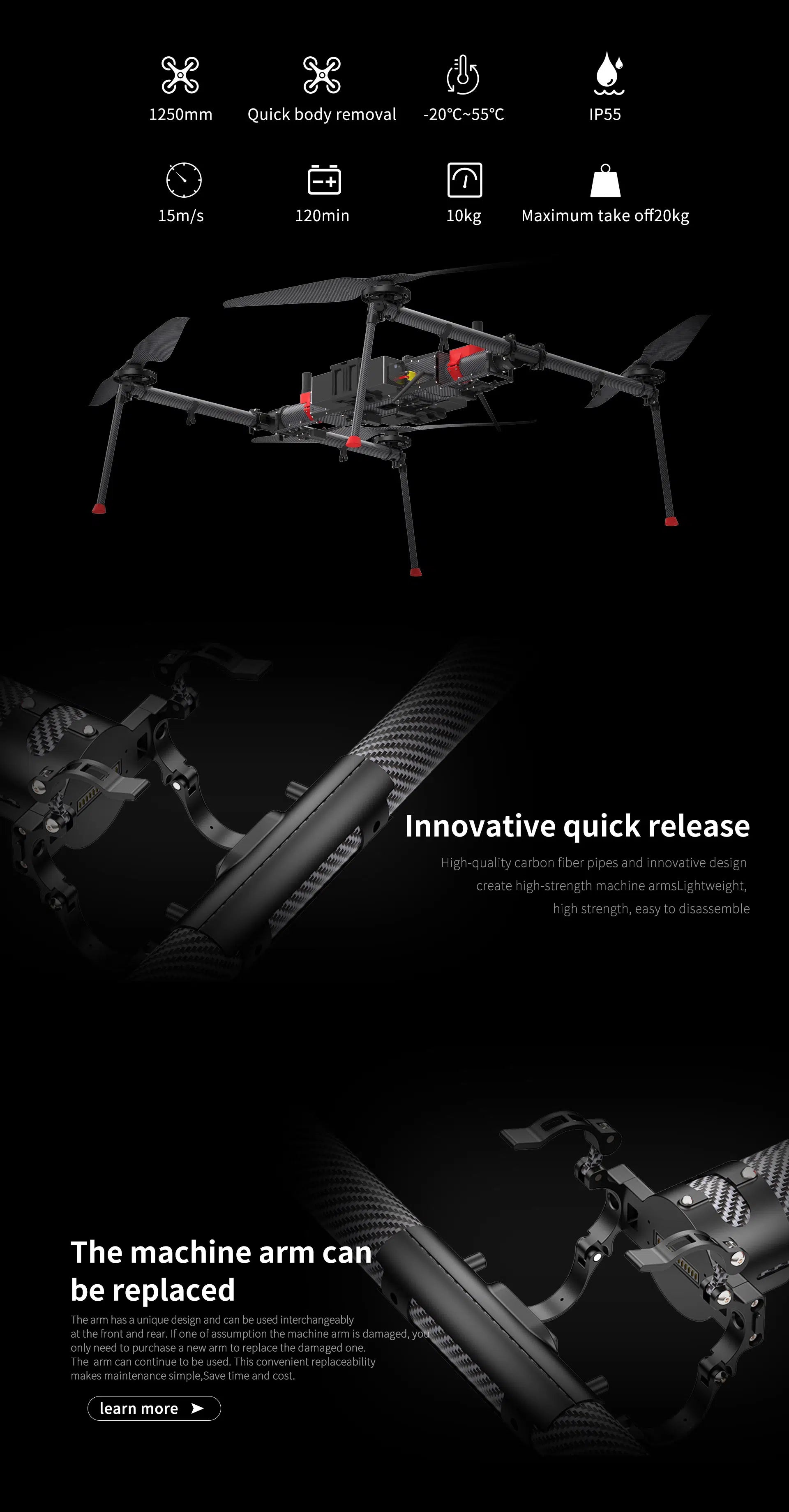 Keel Quadcopter Delivery Drone, the arm has a unique design and can be used interchangeably at the front and rear 