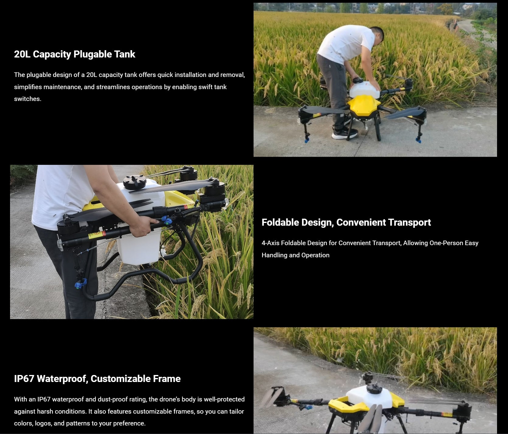 H40X Agriculture Drone, a 20L capacity plugable tank offers quick installation and removal, simplifies maintenance; and