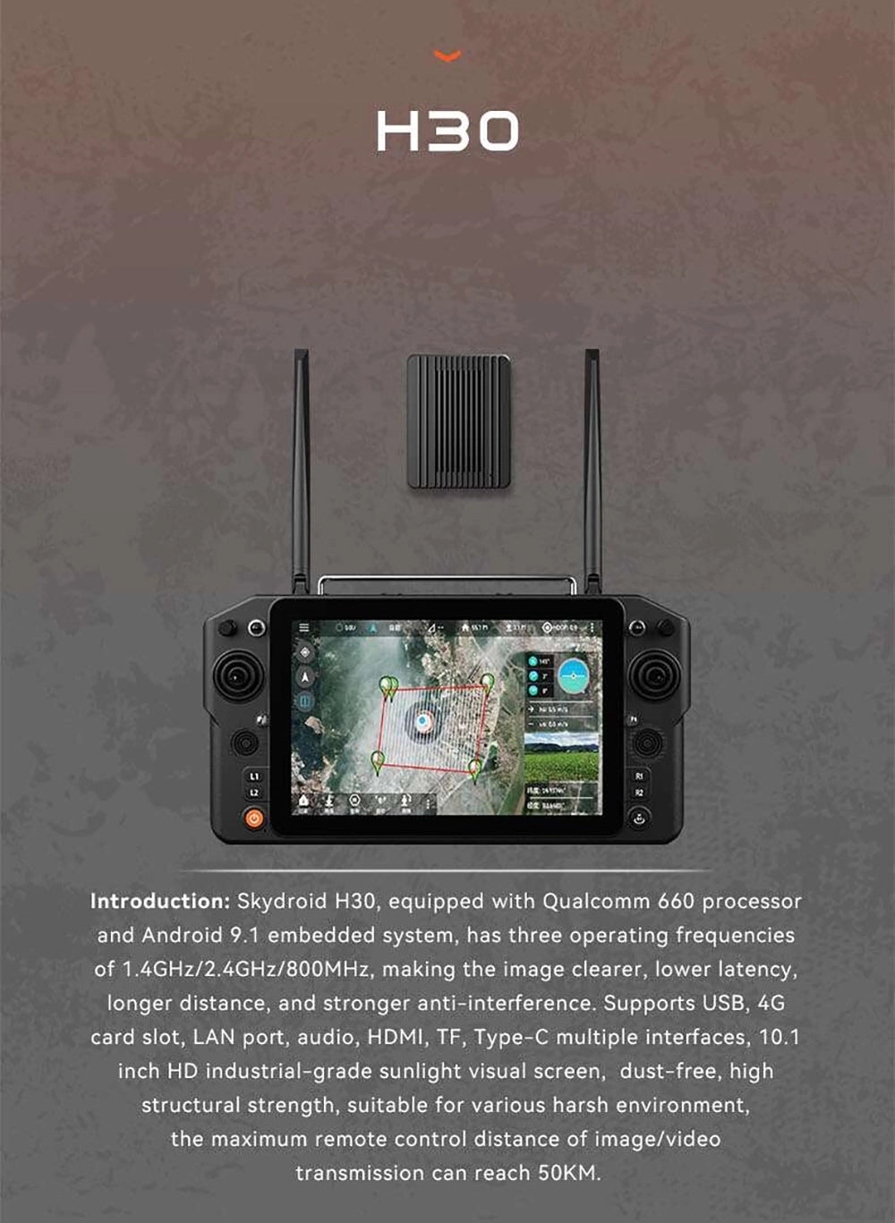 Skydroid H30 has three operating frequencies of 1.4GHz/2 4GHz/8OOMHz