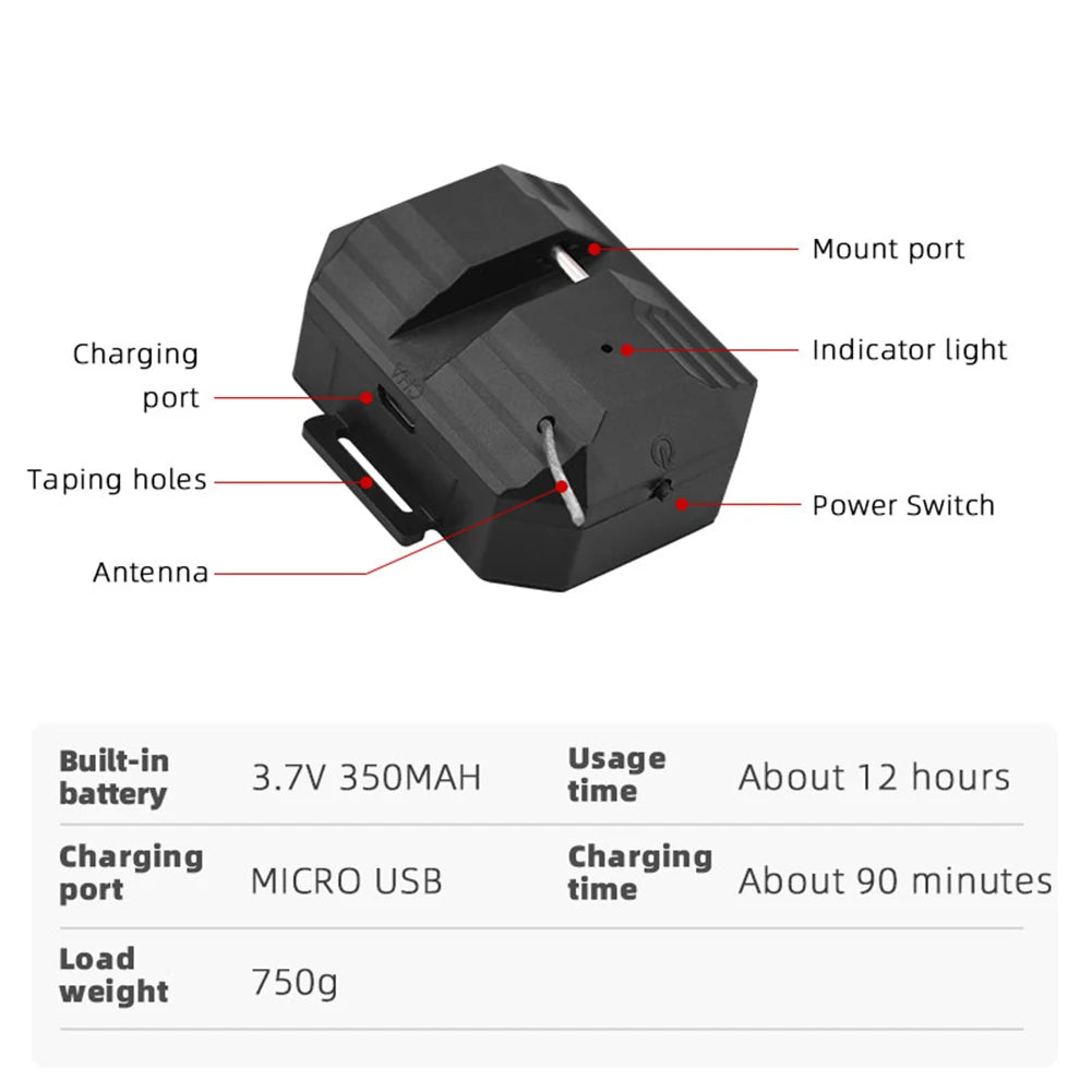 Drone Drop System / Drone Thrower , Mount port Charging Indicator light port Taping holes Power Switch Antenna Built