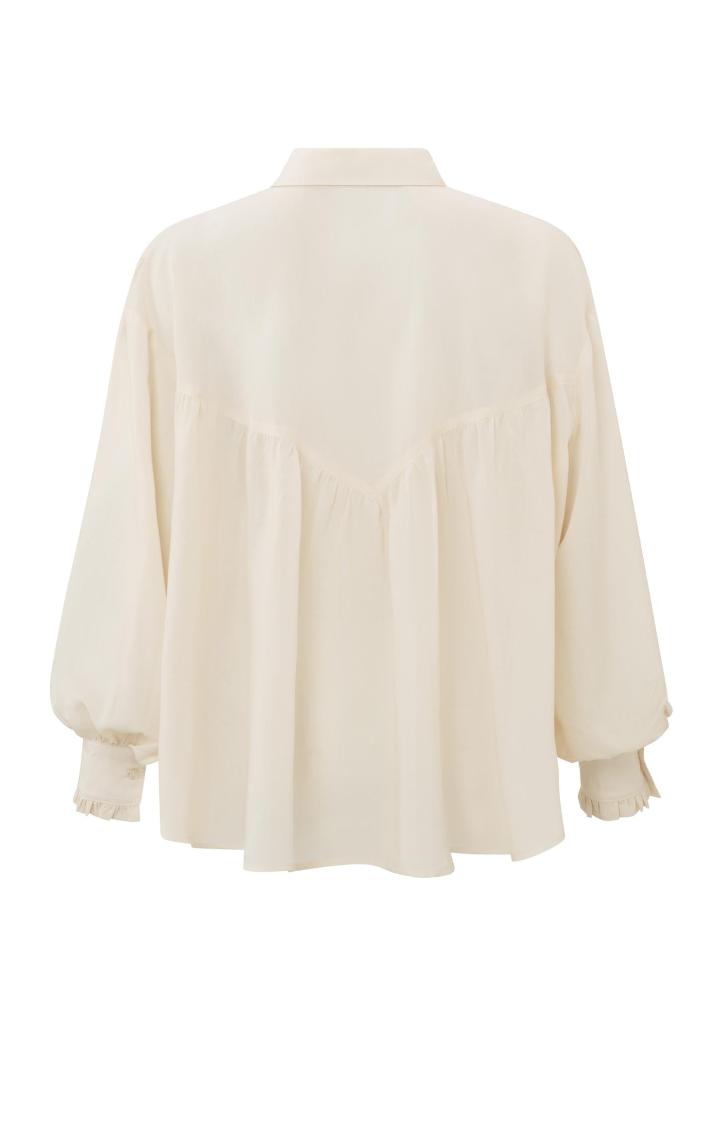 Blouse with long balloon sleeves, buttons and pleated detail