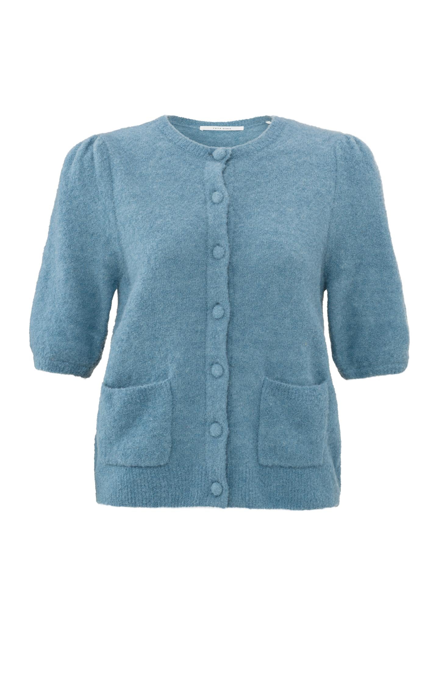 Cardigan with crewneck, short puff sleeves and buttons - Type: product