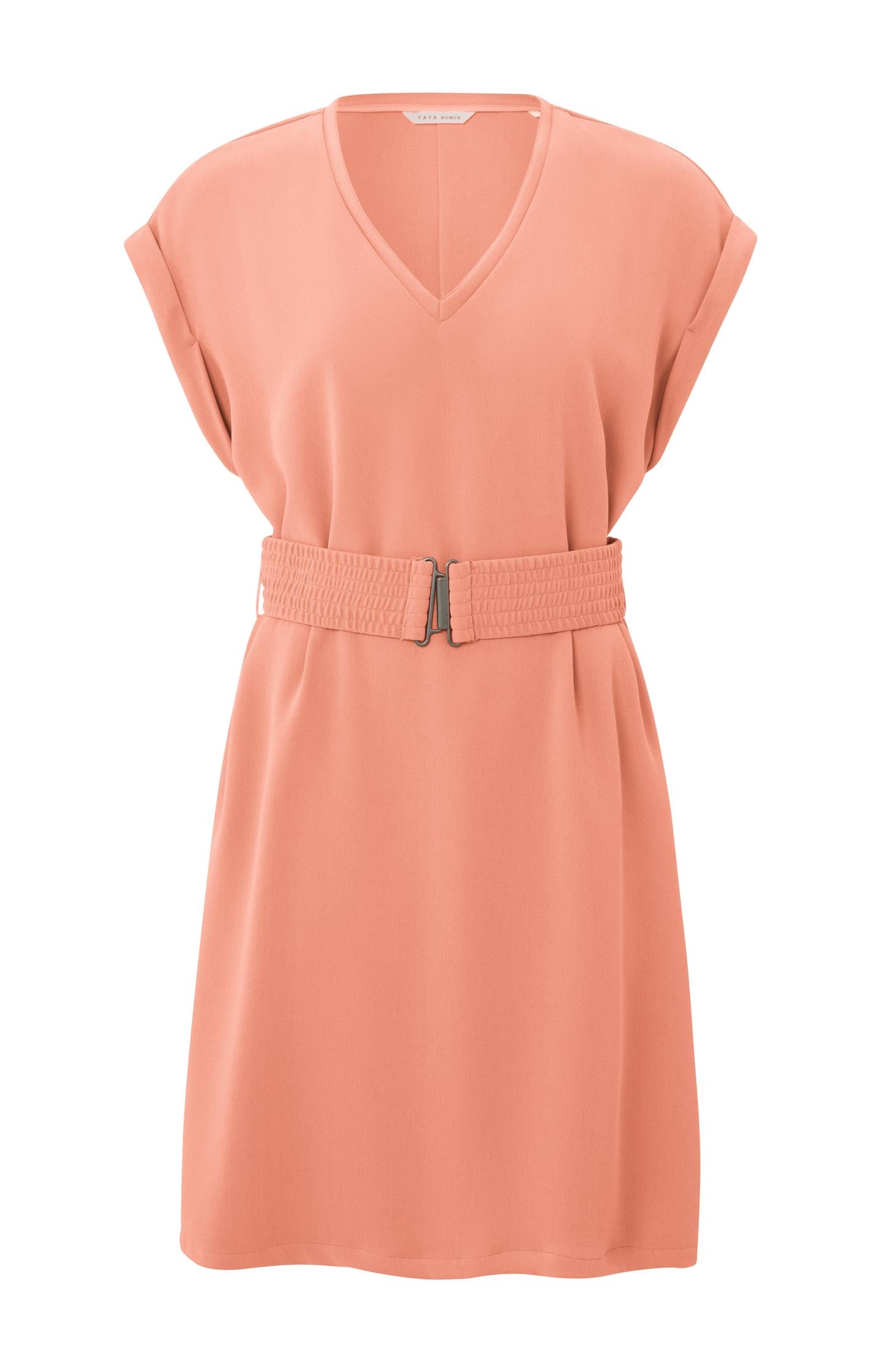 Dress with V-neck, short sleeves and detailed belt - Type: product