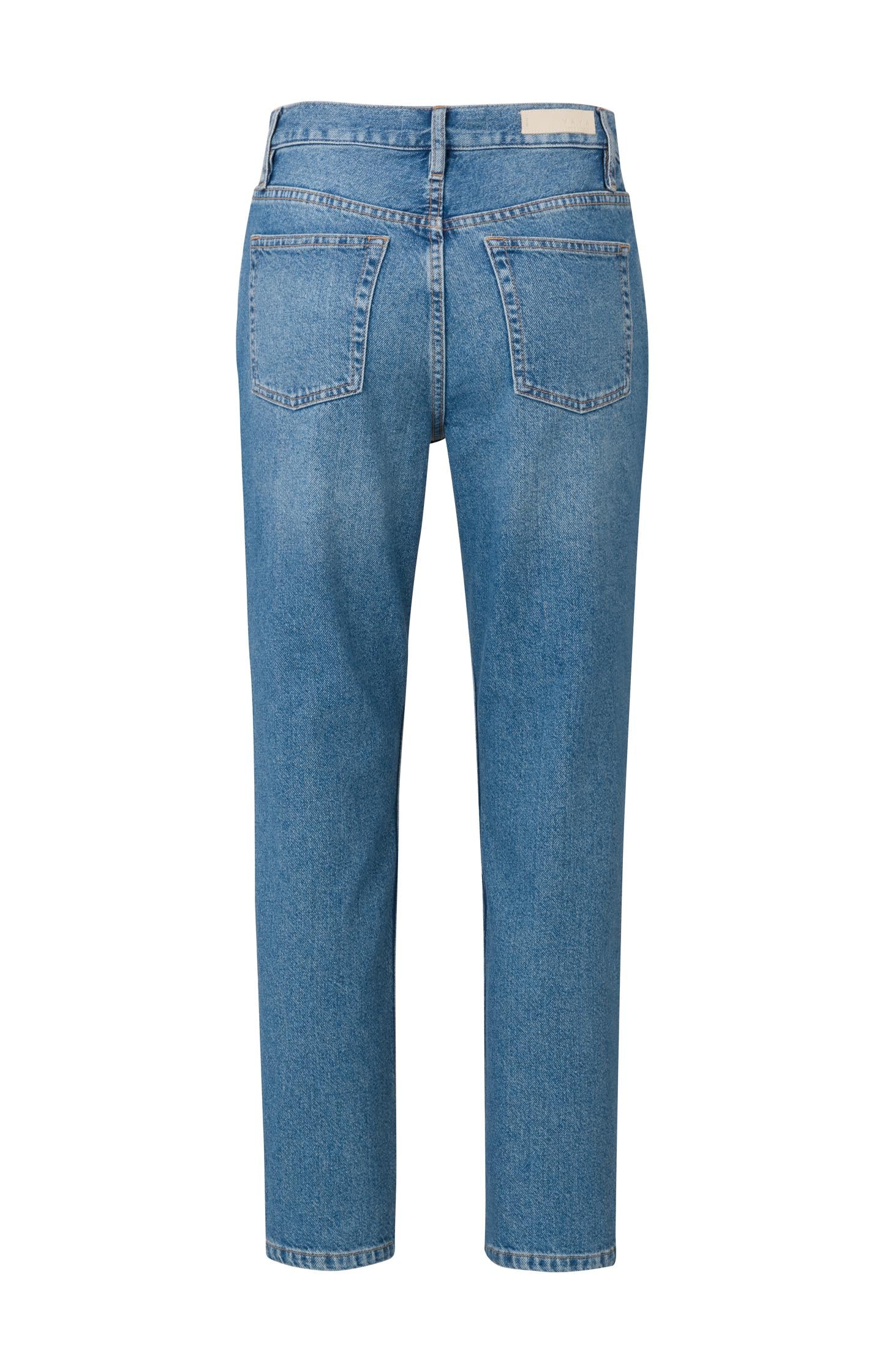 High waist denim trousers with straight leg and pockets