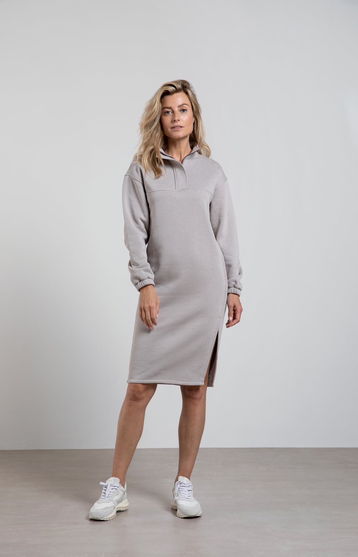 Jersey sweater dress with high neck, long sleeves and slit - Type: lookbook