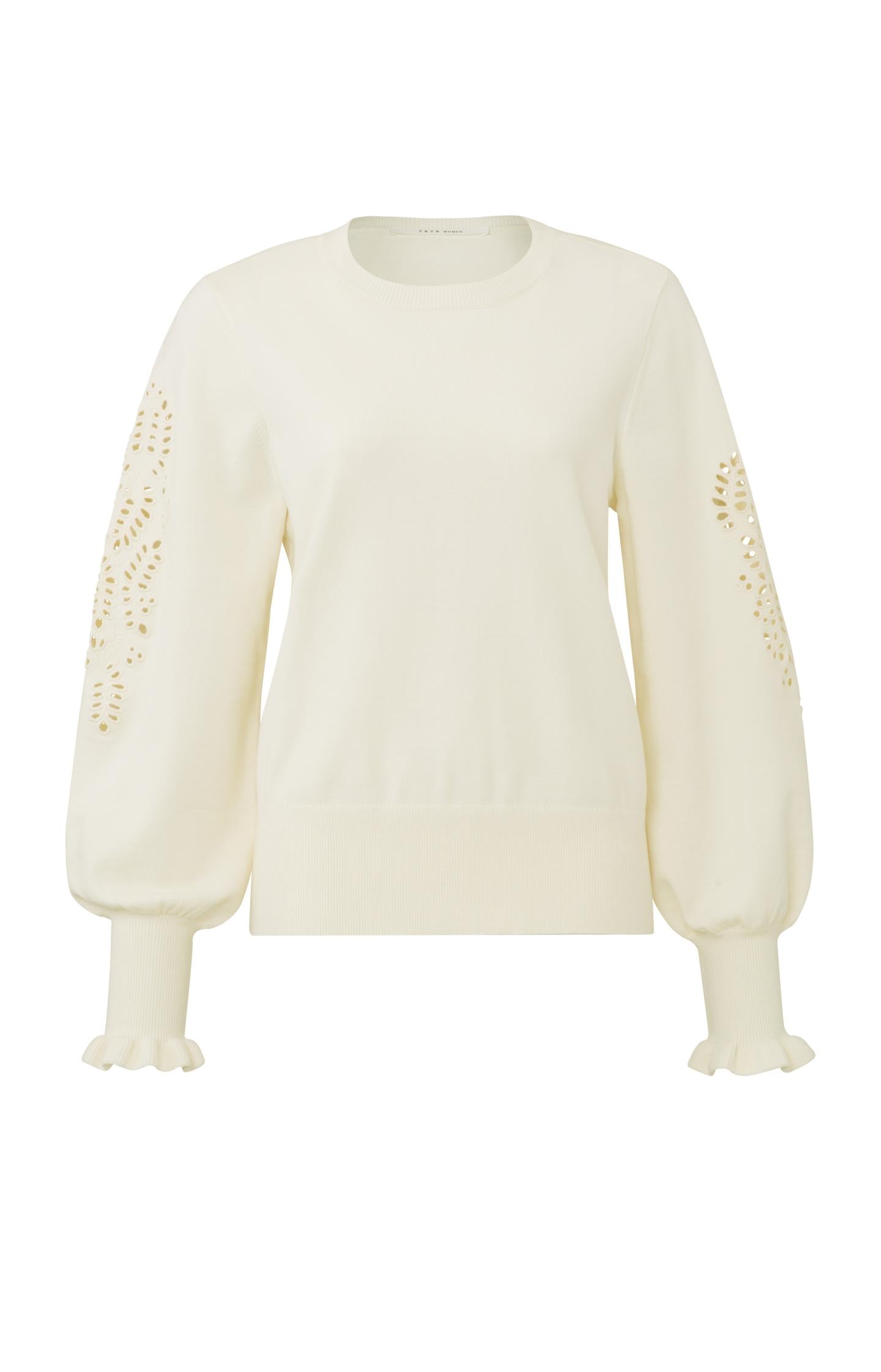 Laser cut sweater with round neck, long detailed puff sleeve - Type: product