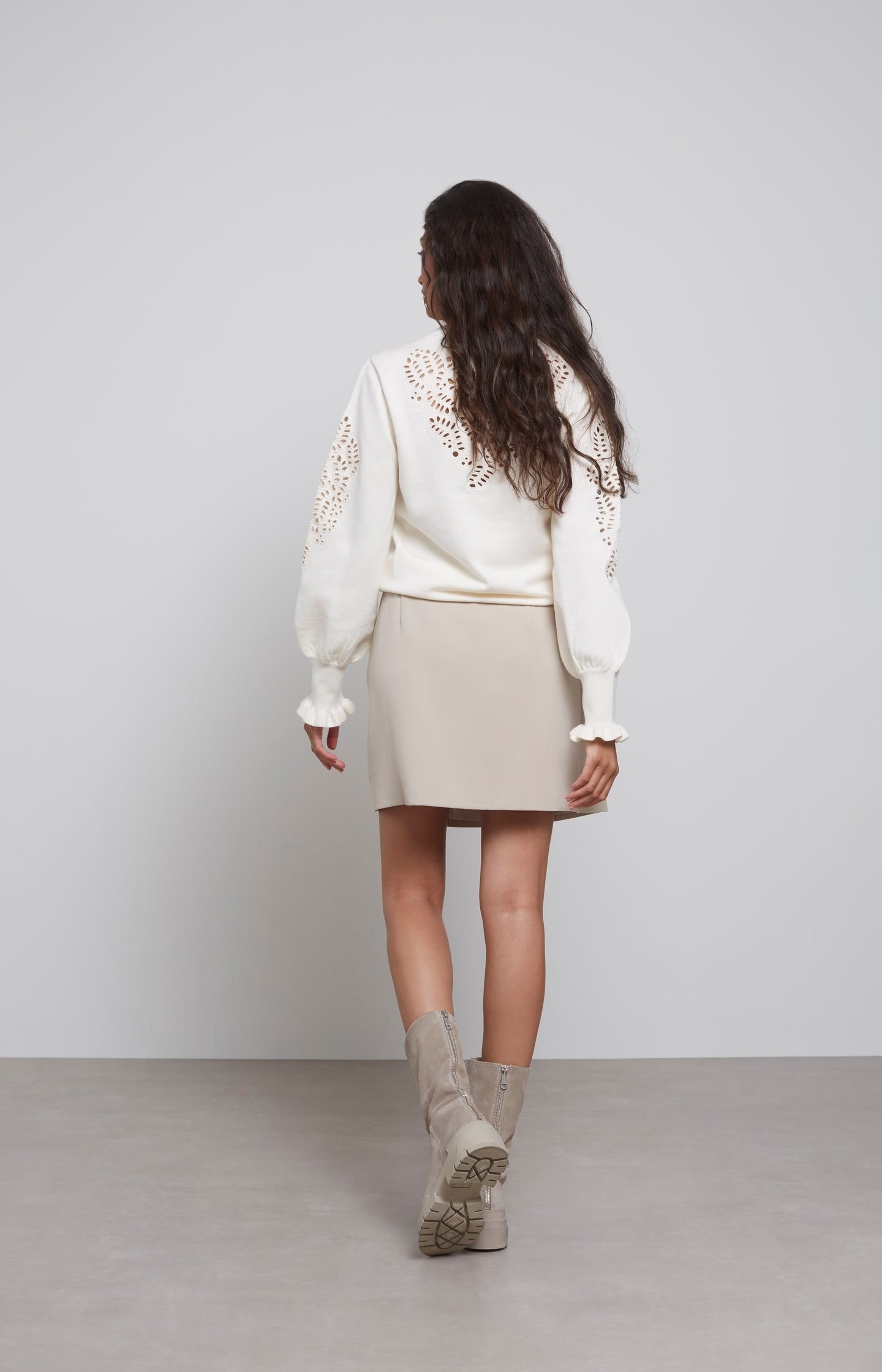 Laser cut sweater with round neck, long detailed puff sleeve