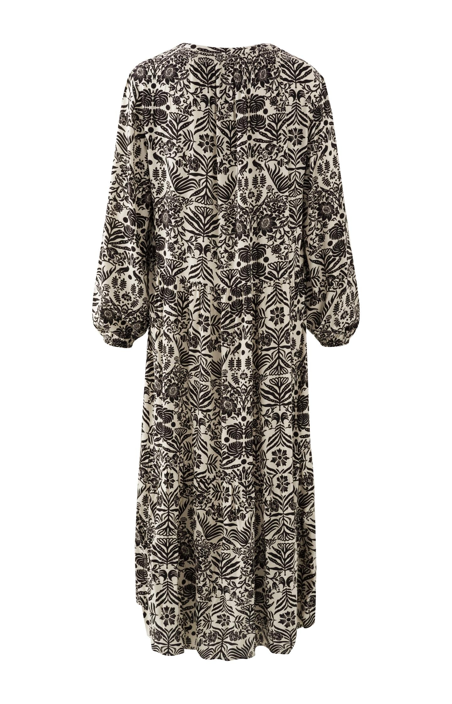 Maxi dress with V-neck, long sleeves and folklore print