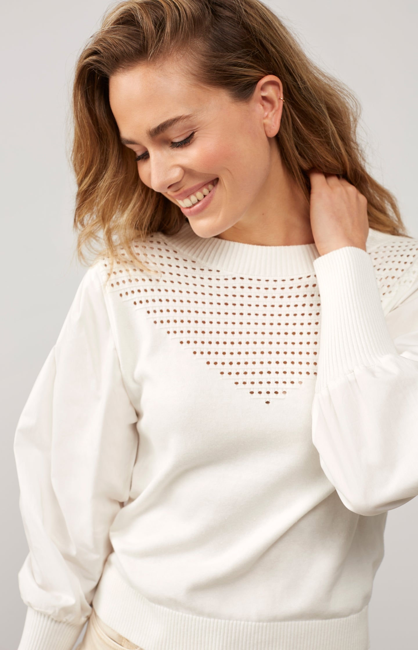 Pointelle sweater with round neck and long puffed sleeves - Type: lookbook