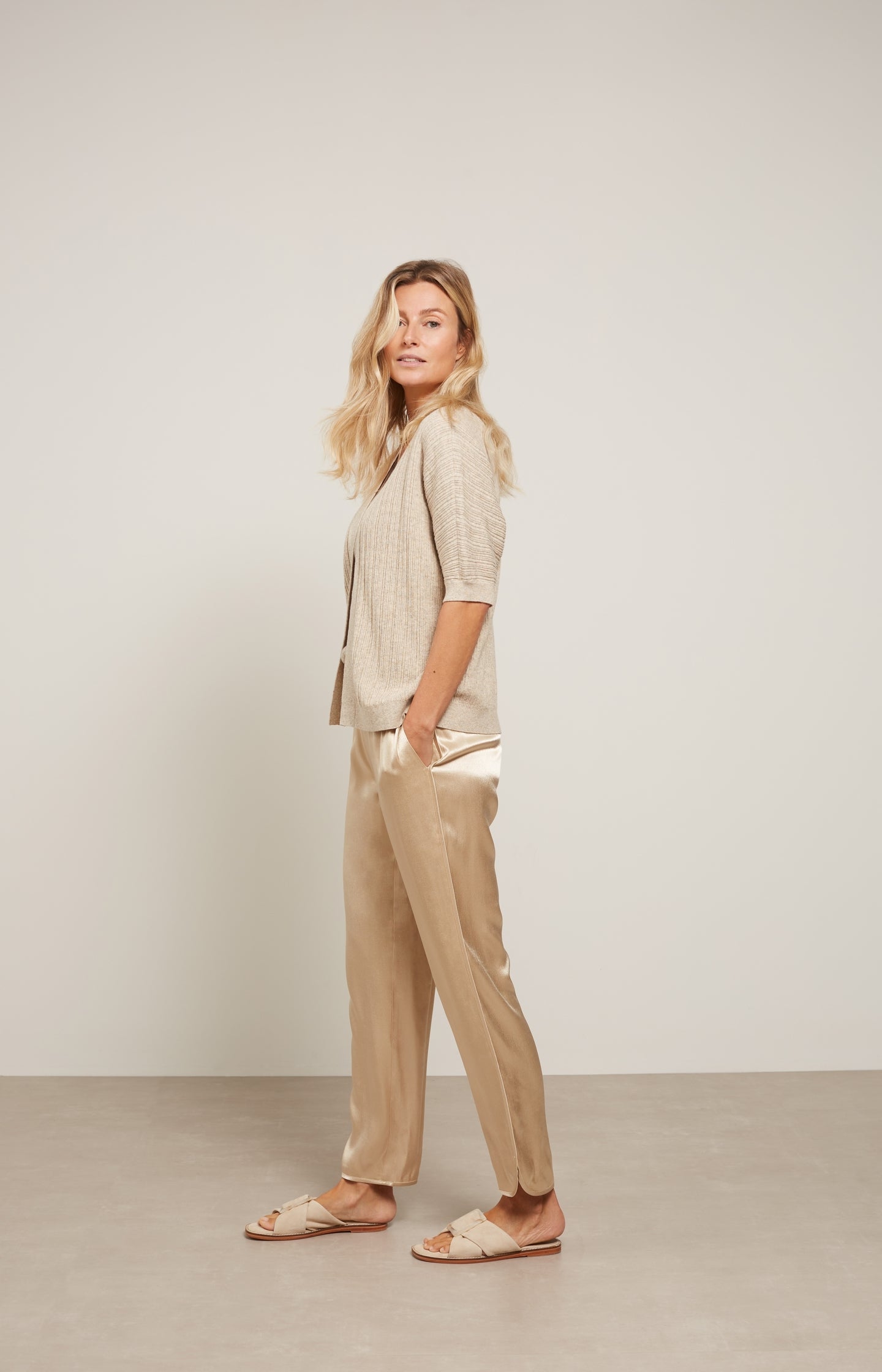 Satin jogging trousers with elastic waist and side pockets