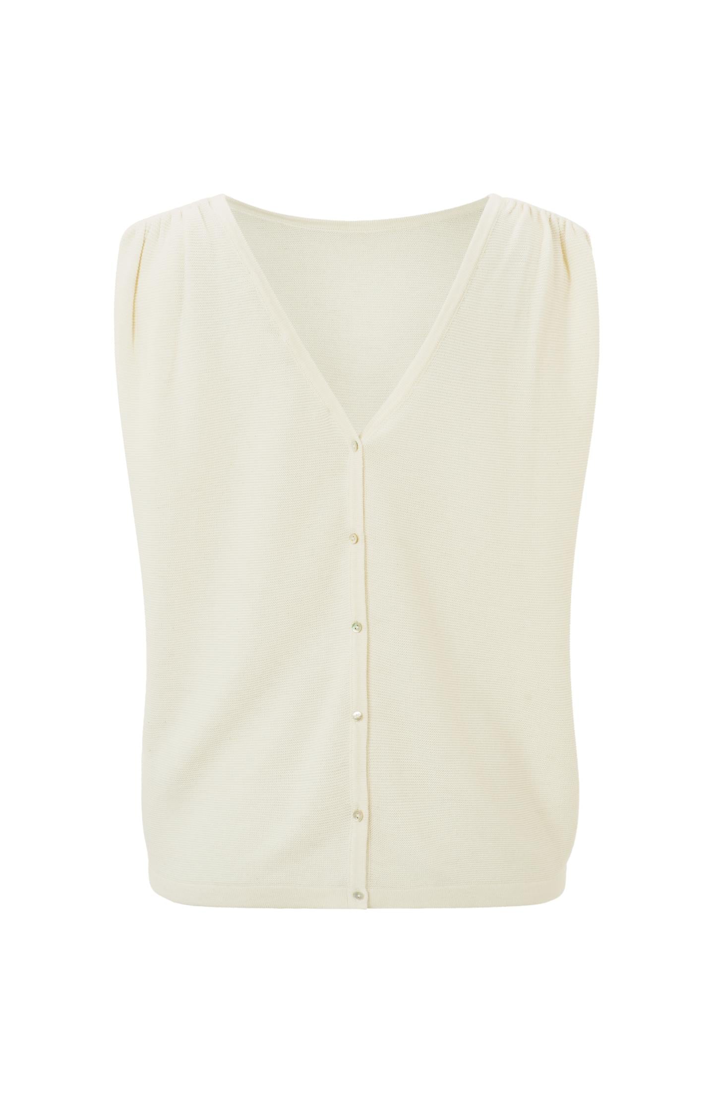 Sleeveless sweater with boat neck and button on back