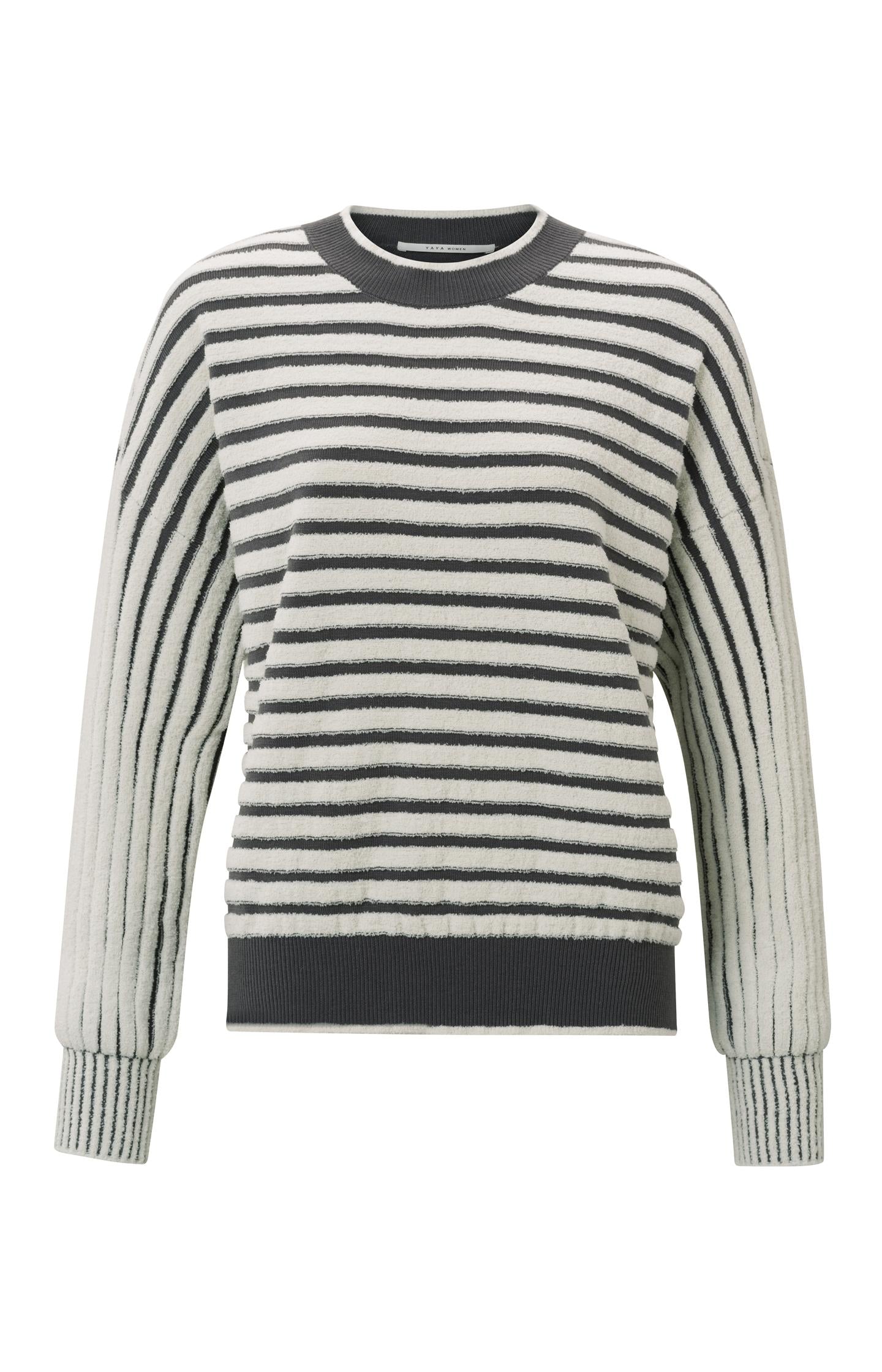 Striped sweater with crewneck, long sleeves and frayed seams - Type: product