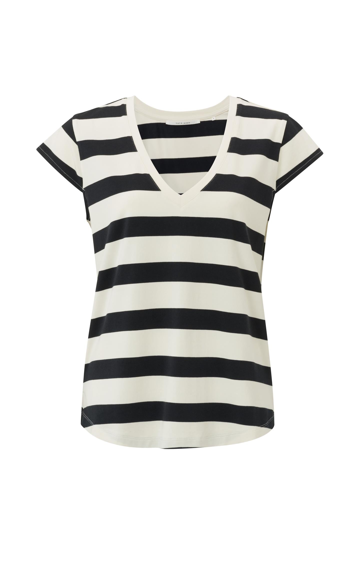 Striped T-shirt with V-neck and cap sleeves in regular fit - Type: product
