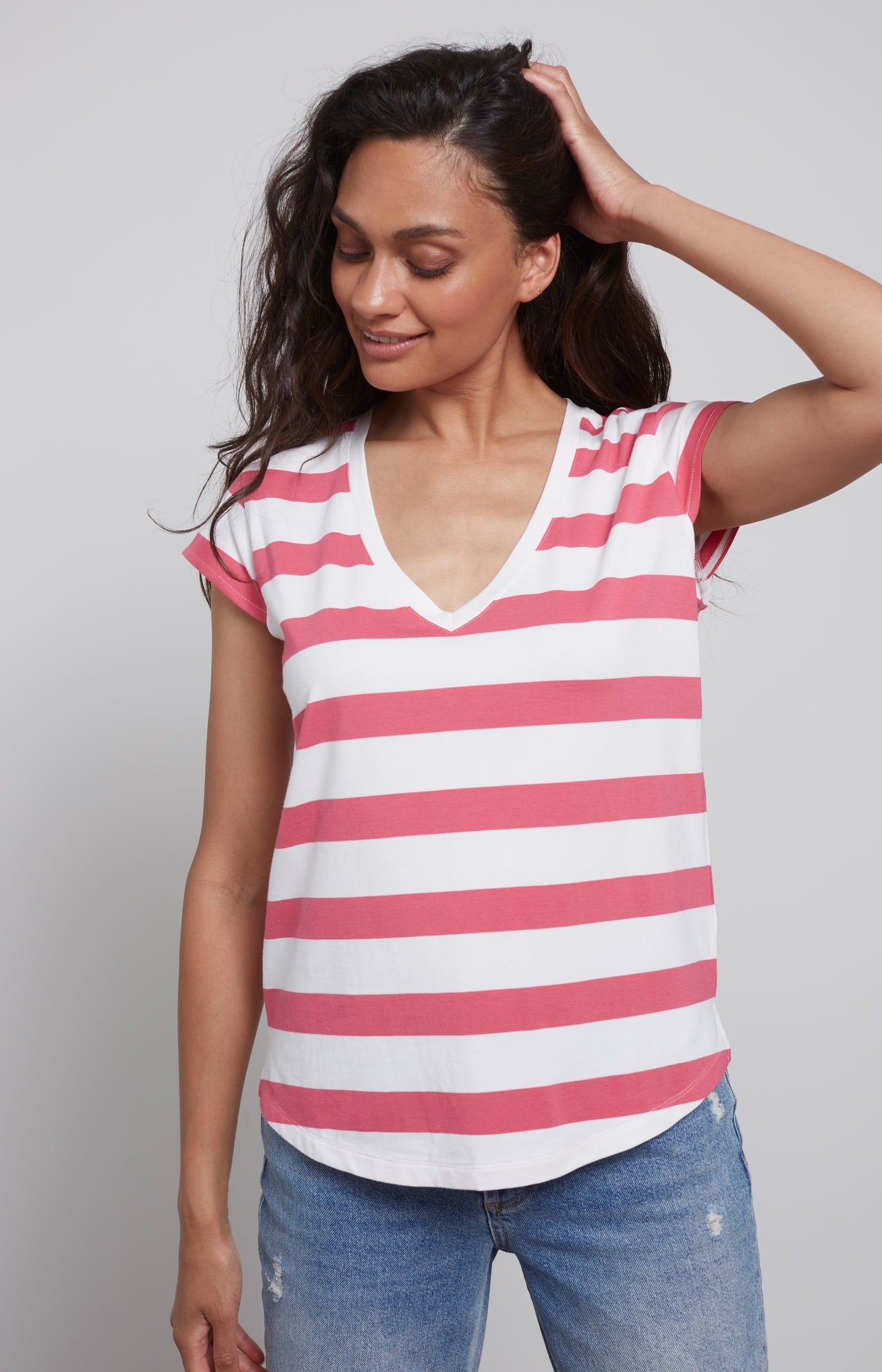 Striped T-shirt with V-neck and cap sleeves in regular fit