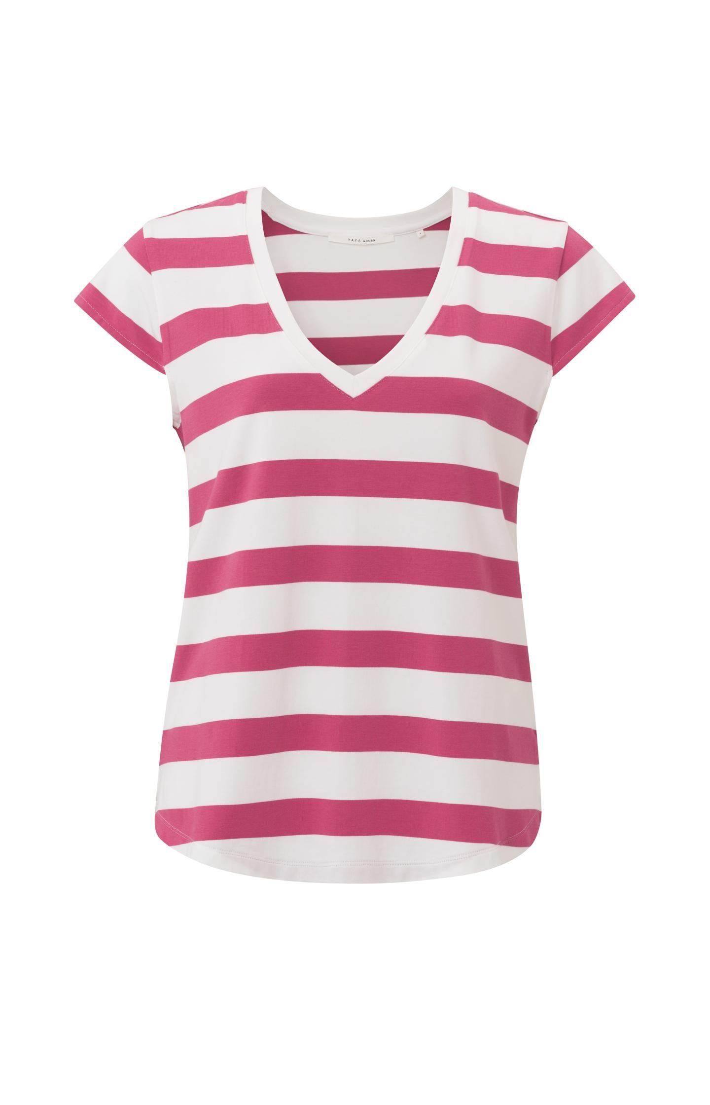 Striped T-shirt with V-neck and cap sleeves in regular fit - Type: product