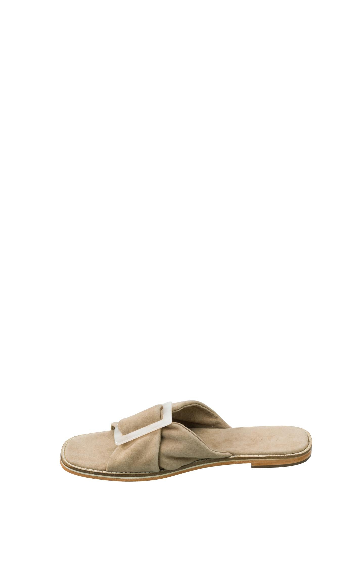 Suede slipper with buckle and crossed straps - Weathered Teak Green