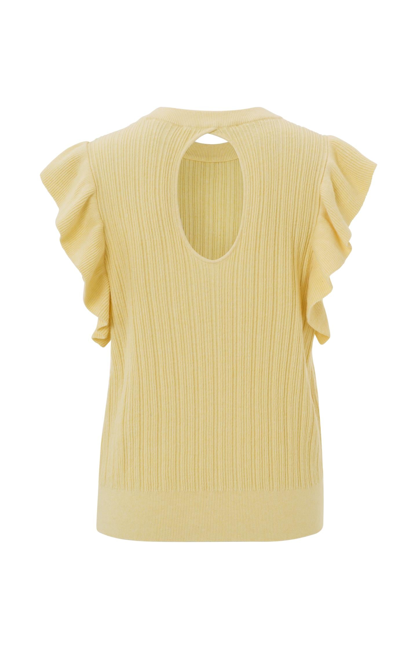 Sweater with round neck, ruffled cap sleeves and back detail