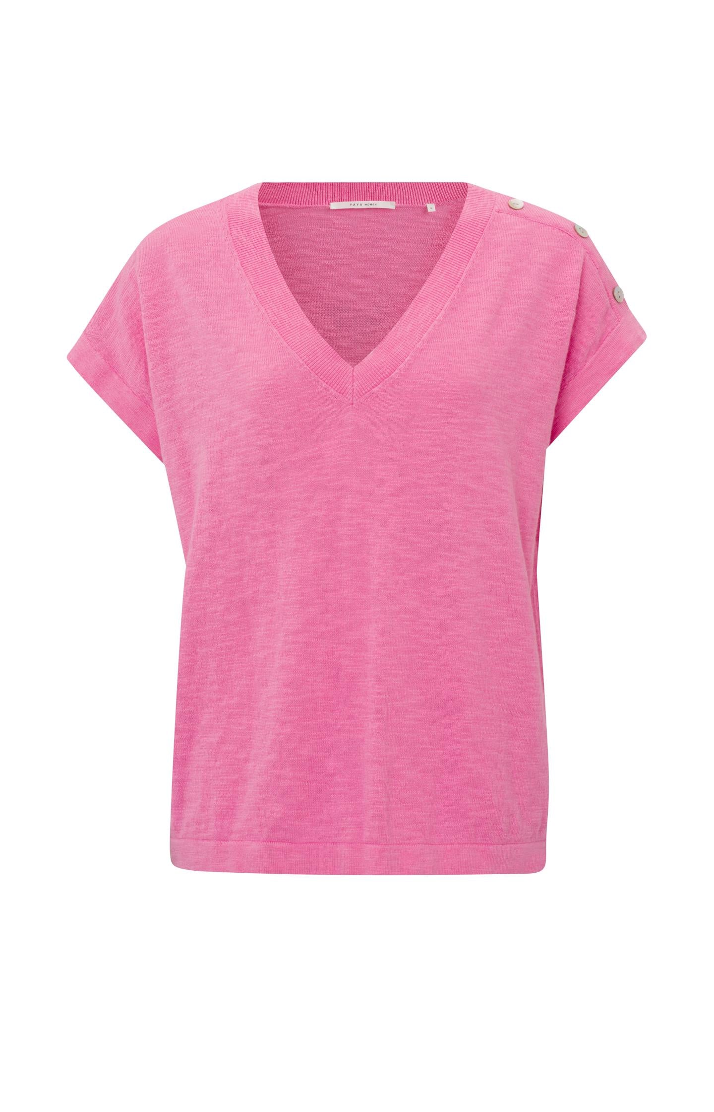 Sweater with short sleeves, V-neck and button detail - Type: product