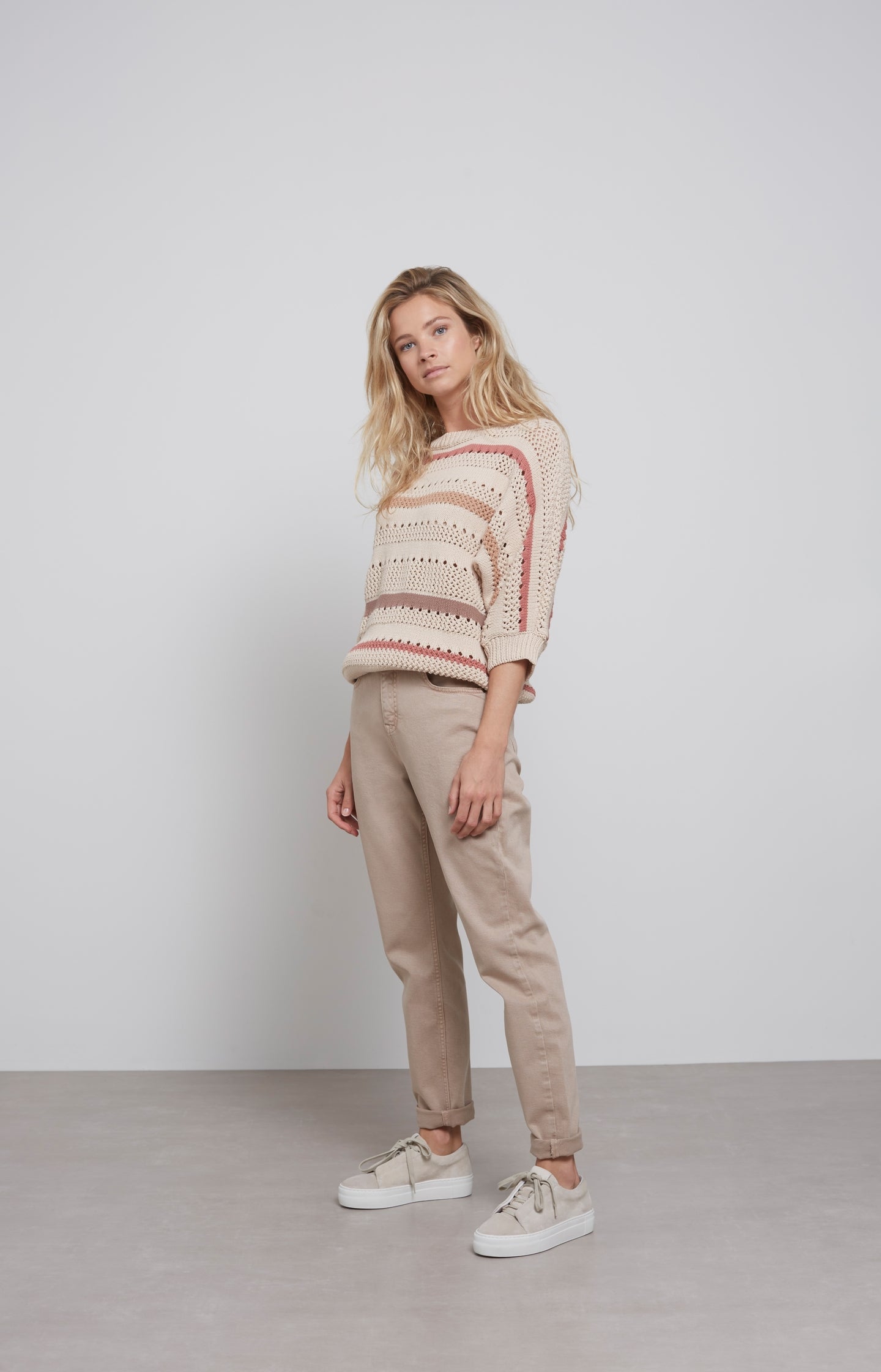 Textured sweater with stripes, round neck and 7/8 sleeves - Type: lookbook