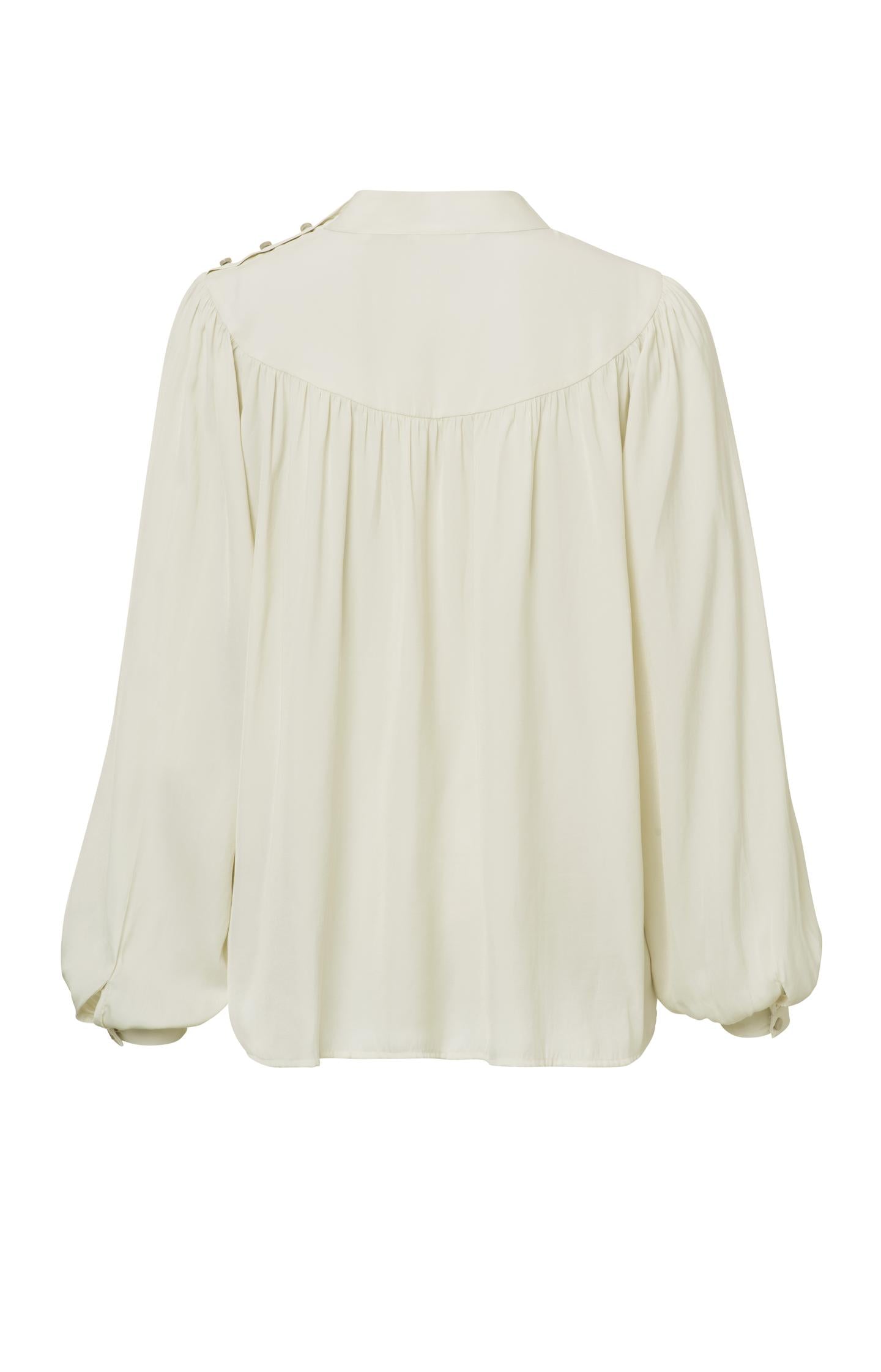 Top with high neck, long balloon sleeves and shoulder button