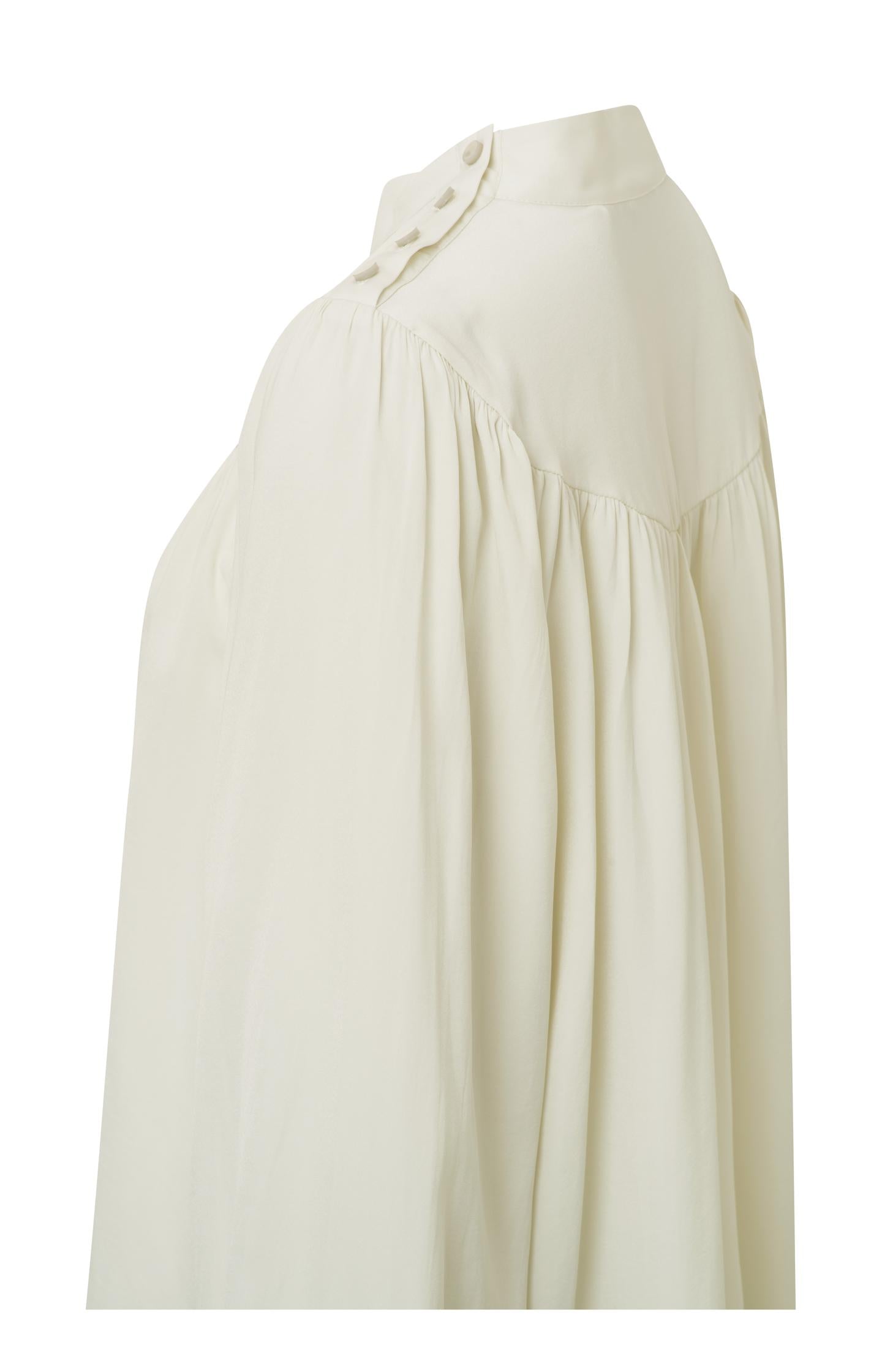 Top with high neck, long balloon sleeves and shoulder button