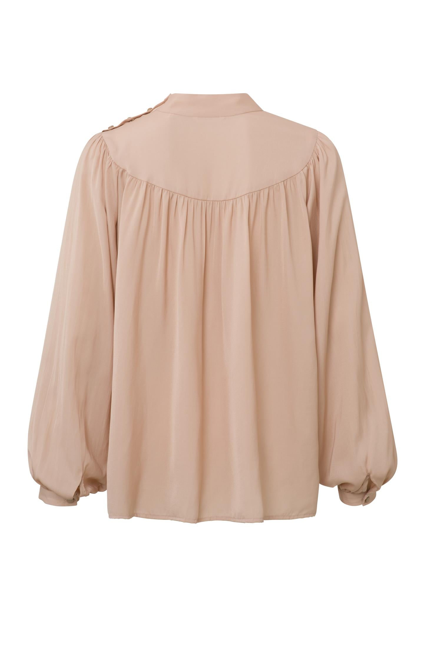 Top with high neck, long balloon sleeves and shoulder button