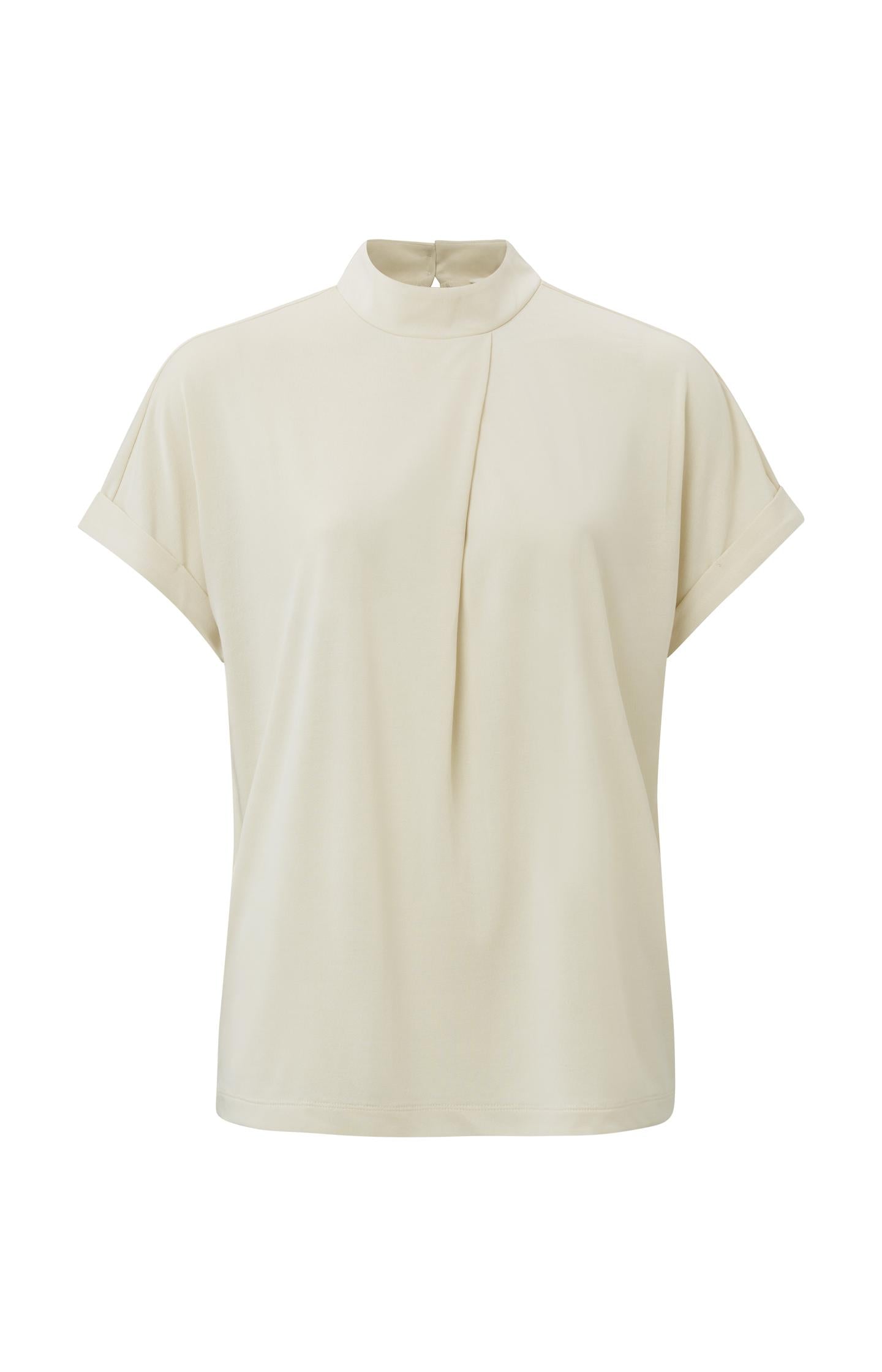 Top with high round neck, short sleeves and pleat detail - Type: product
