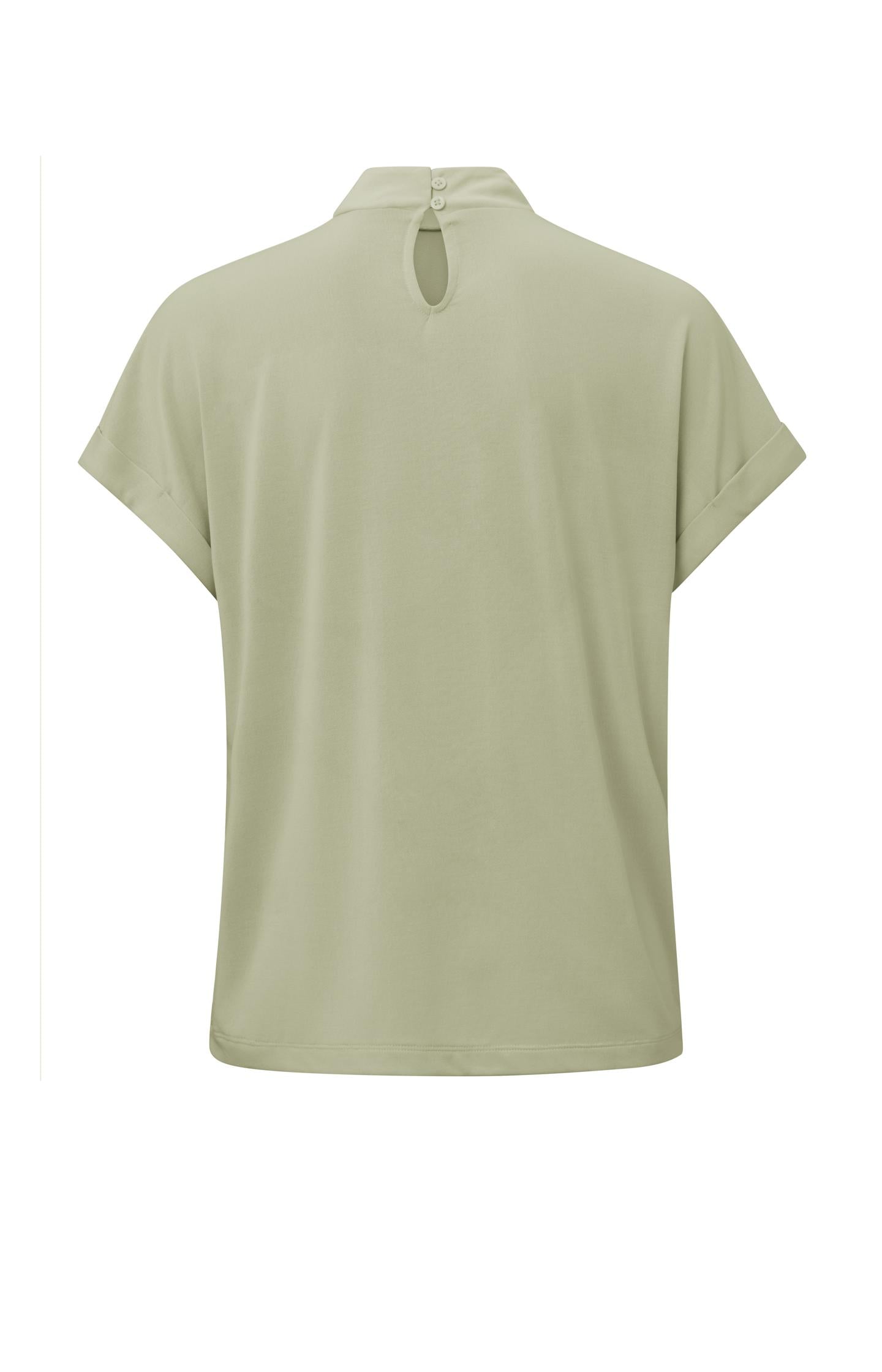 Top with high round neck, short sleeves and pleat detail