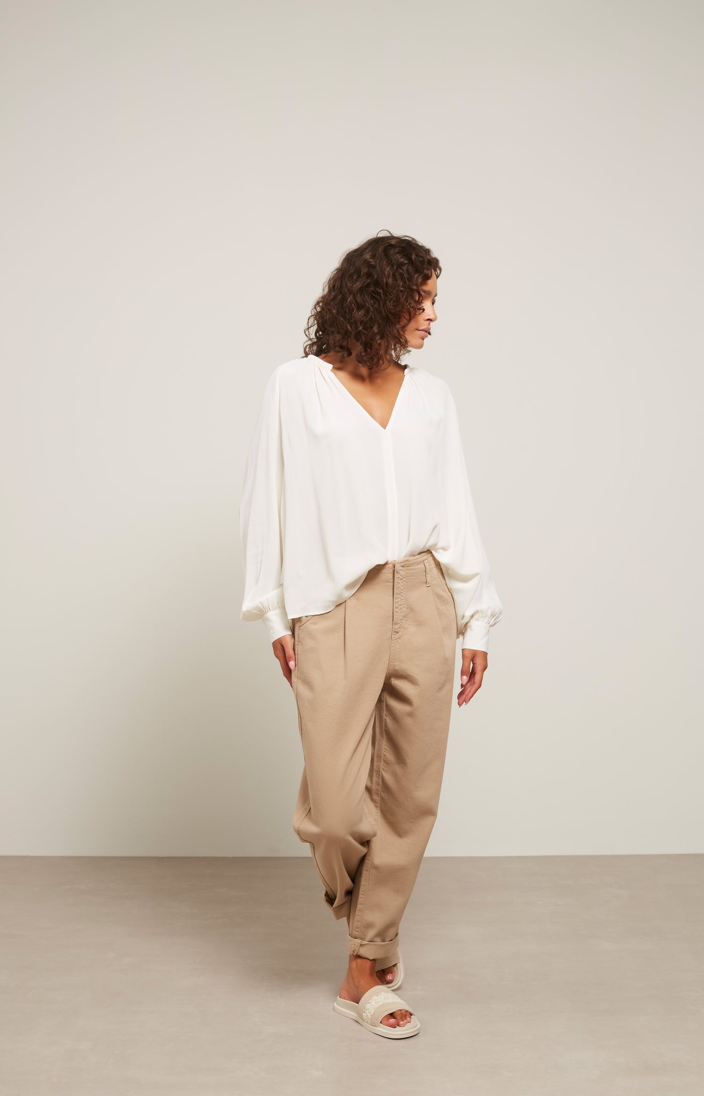 Top with V-neck, long balloon sleeves and pleated details