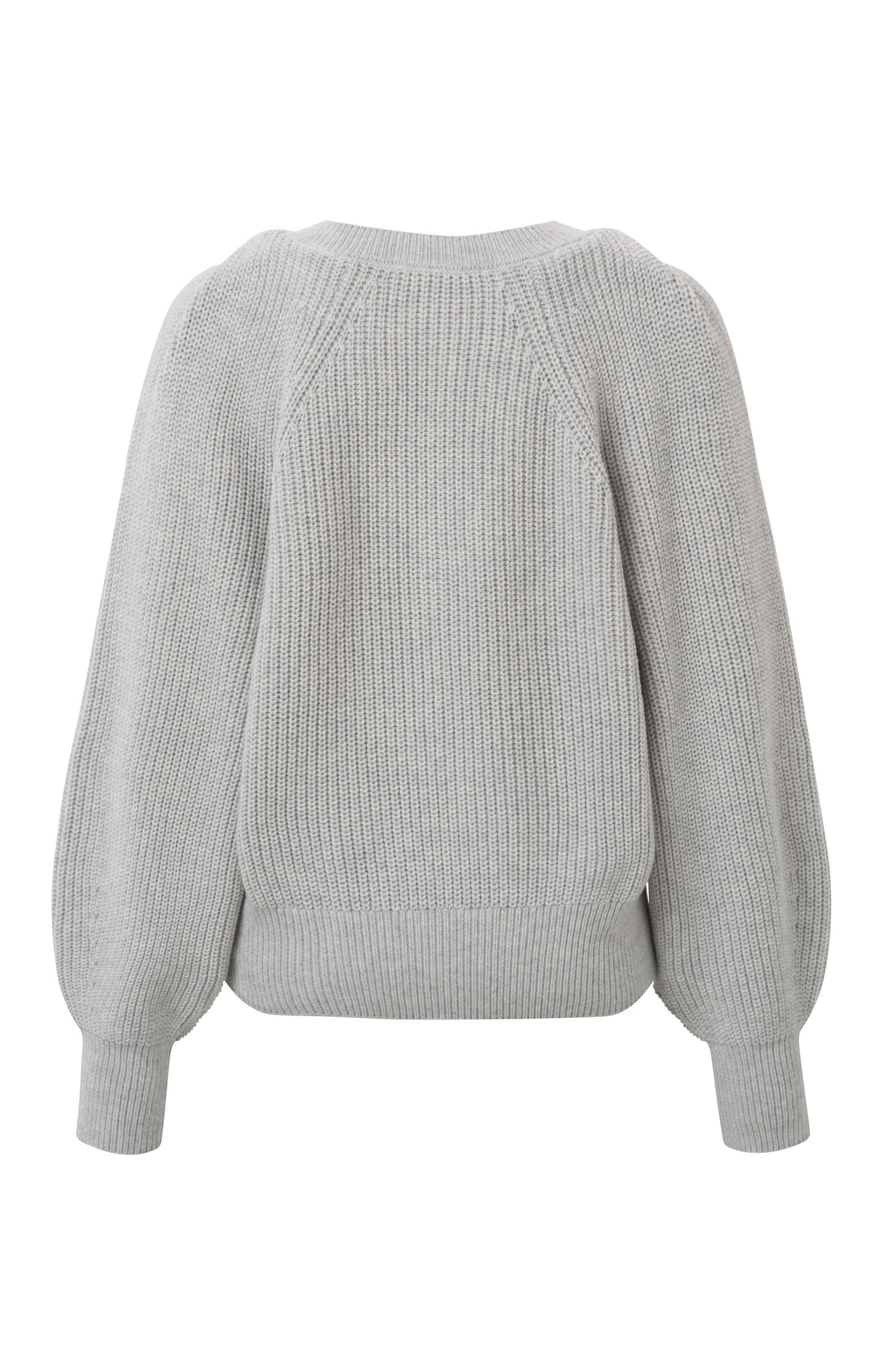 V-neck sweater with long balloon sleeves and ribbed details