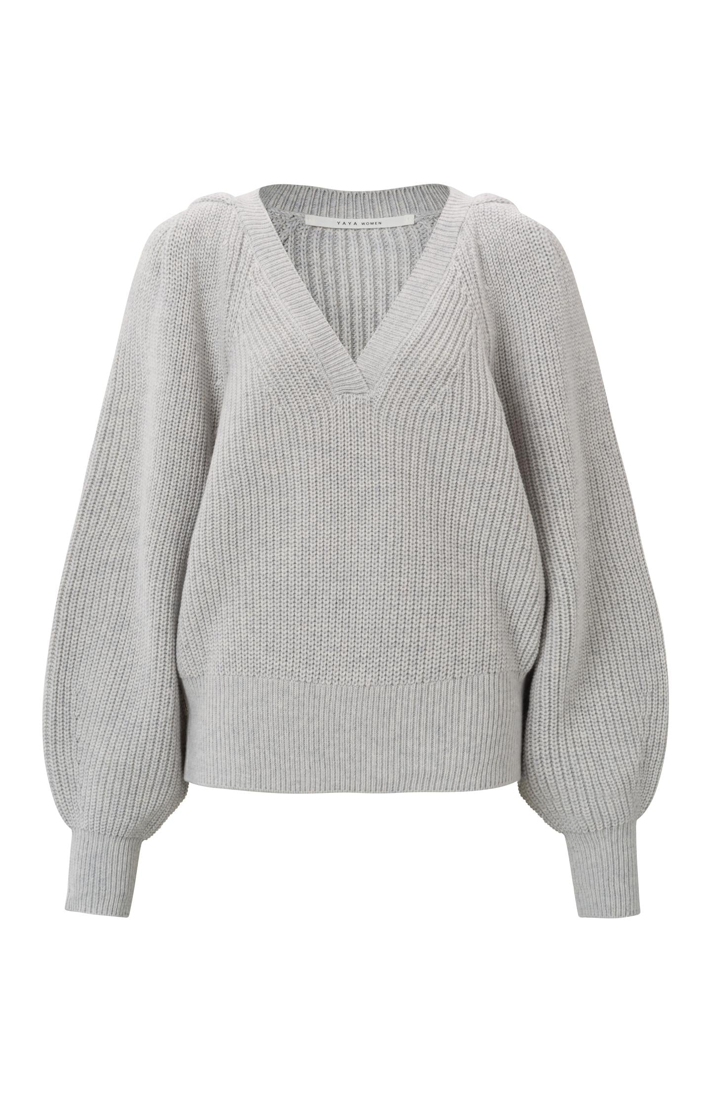 V-neck sweater with long balloon sleeves and ribbed details - Type: product