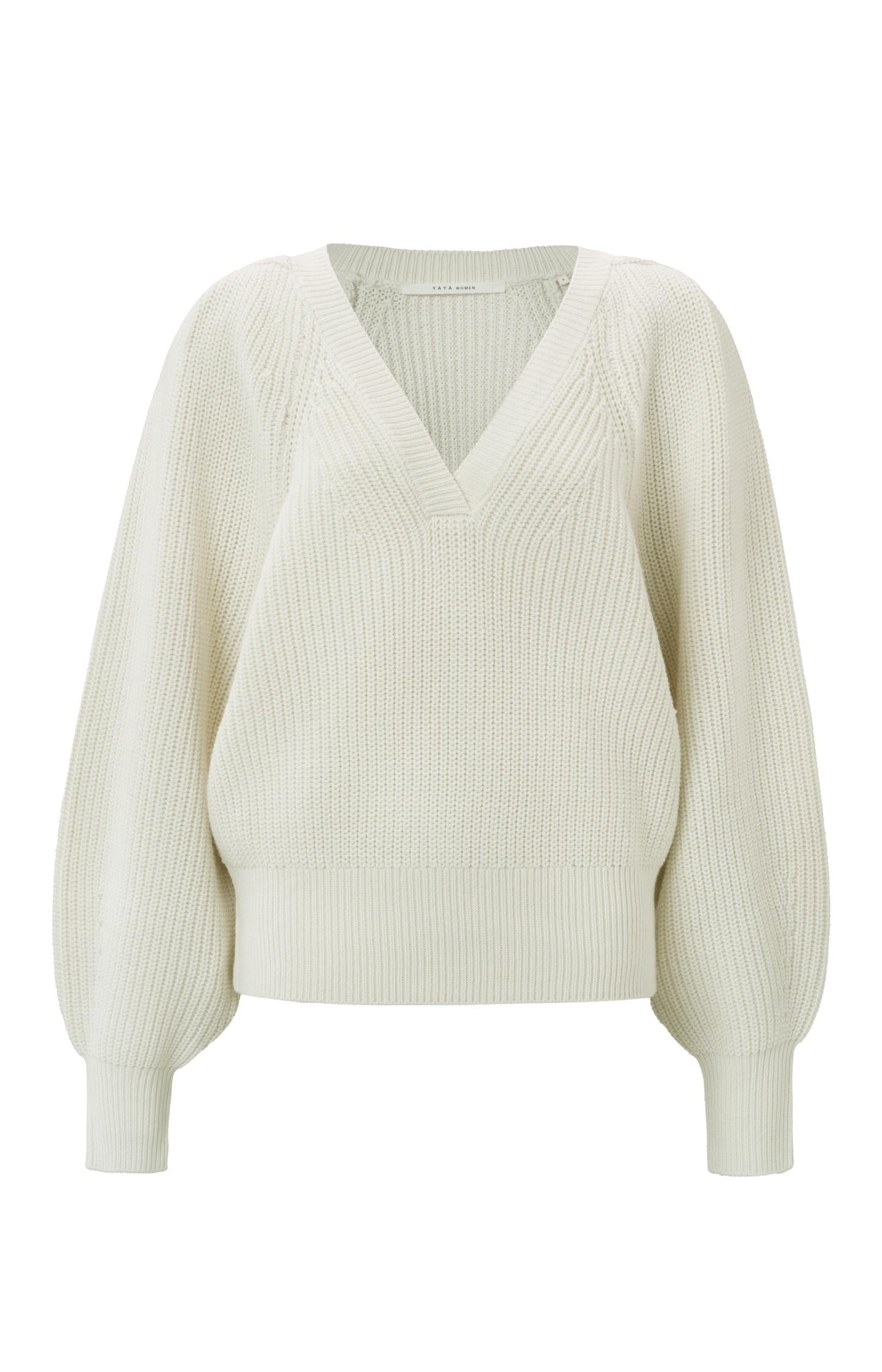 V-neck sweater with long balloon sleeves and ribbed details - Type: product