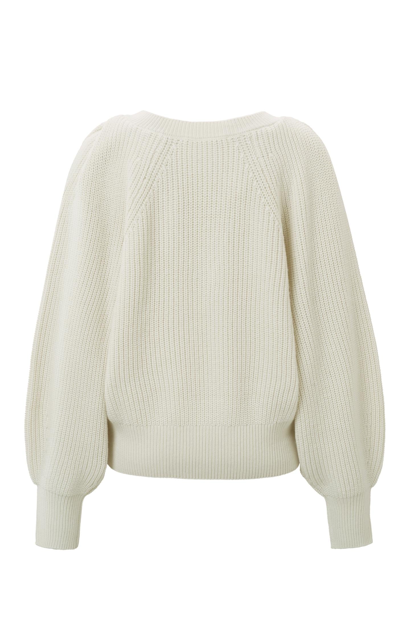 V-neck sweater with long balloon sleeves and ribbed details