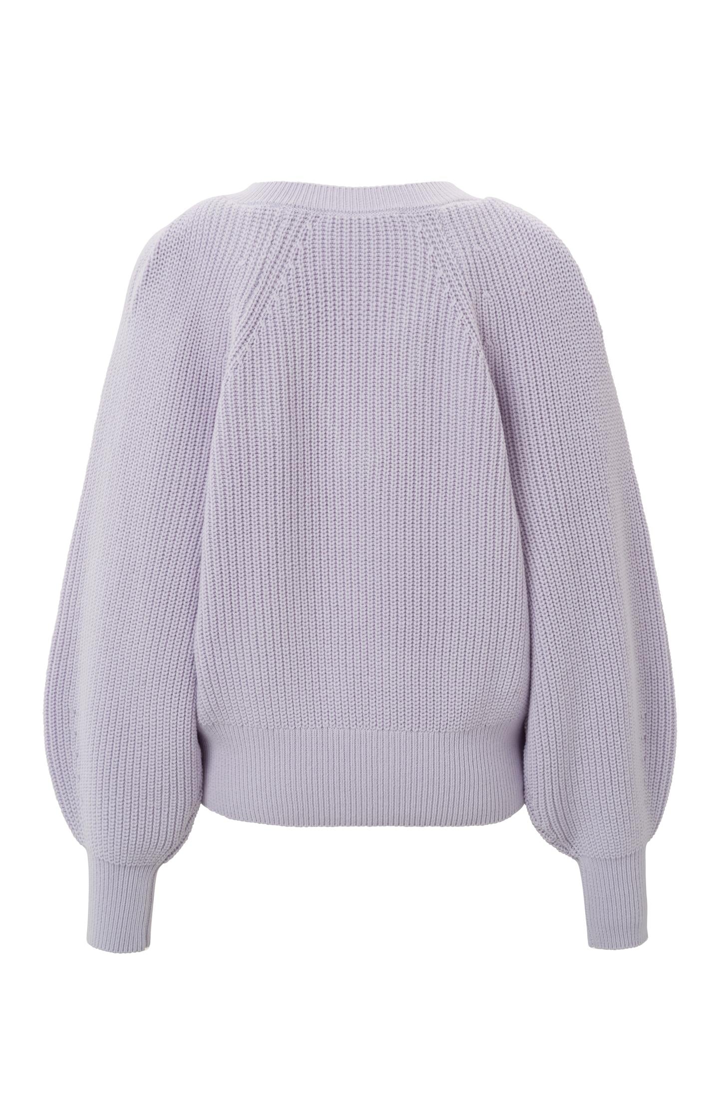 V-neck sweater with long balloon sleeves and ribbed details