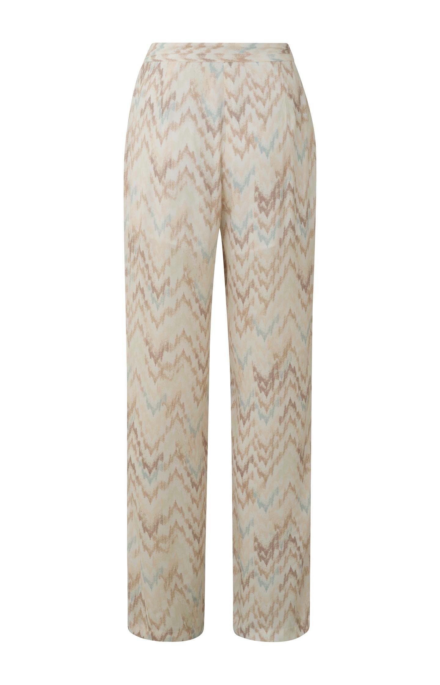 Wide leg trousers with side pockets, zip fly and print