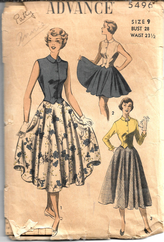 Advance 5496 Vintage Sewing Pattern 1950s Ladies Skirt Sleeveless Blou ...