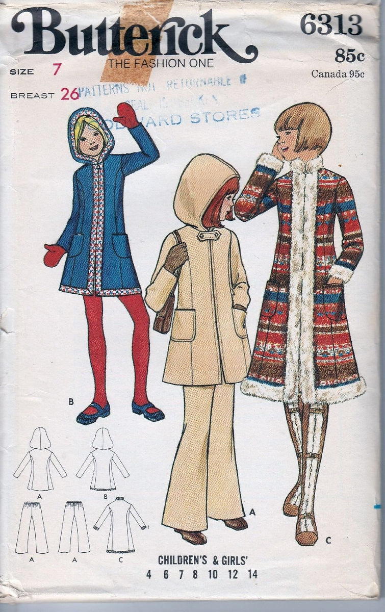 Butterick 6313 Vintage 1970's Sewing Pattern Girls Hooded Coat Flared ...